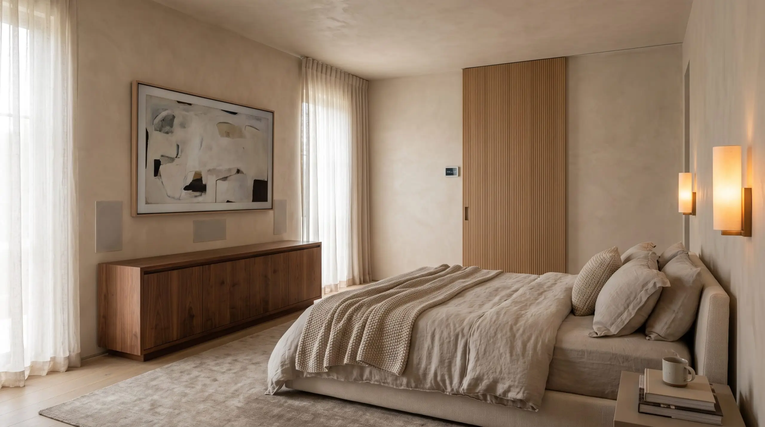 Flush-mounted plaster speakers blend perfectly into hand-troweled walls above a bespoke walnut credenza, while sliding fluted timber panels conceal a smart home climate interface.
