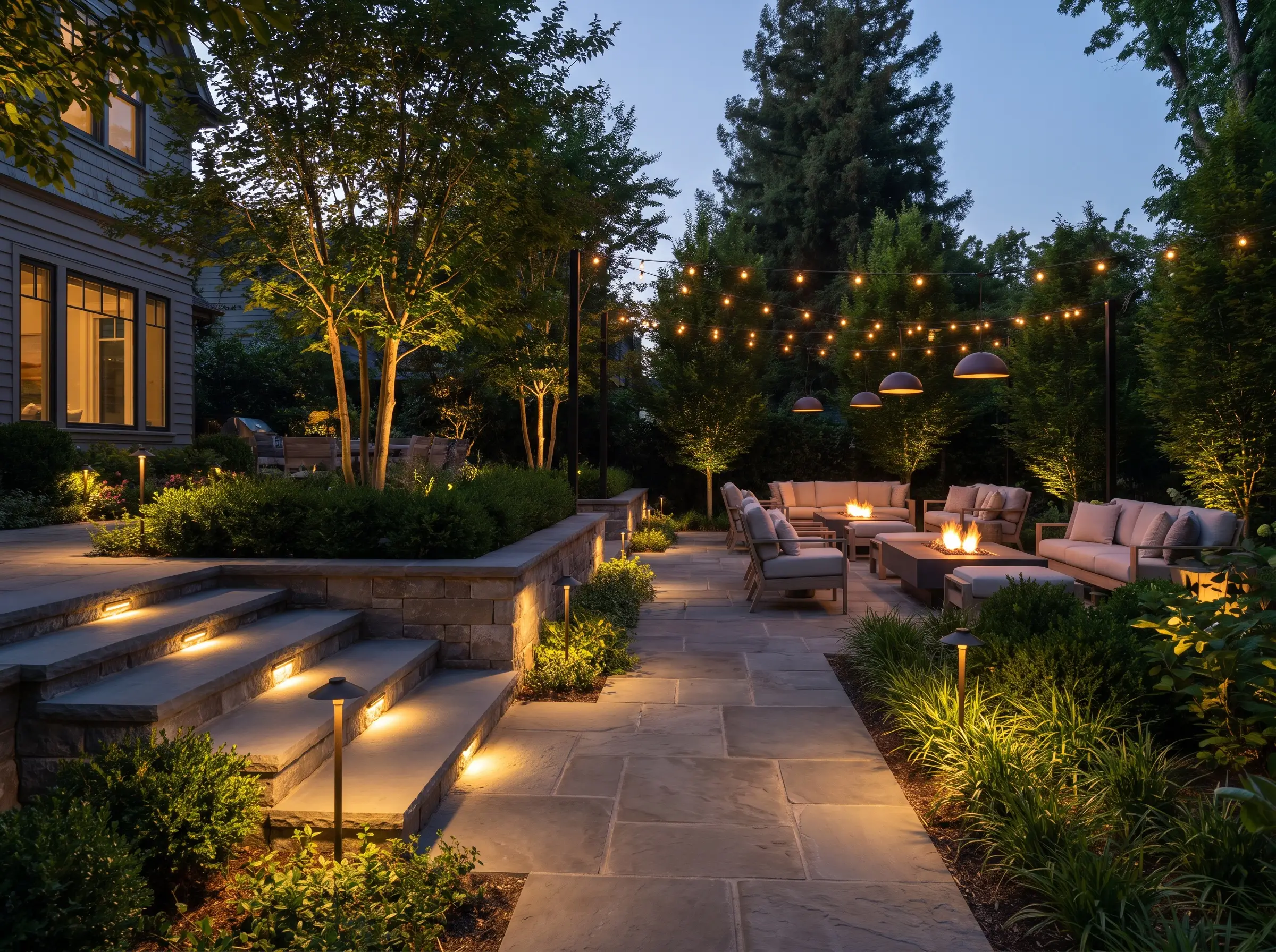 Apparecchi illuminanti IP in ottone massiccio e alluminio verniciato a polvere a 2700K lungo il patio in pietra e il vialetto del giardino.