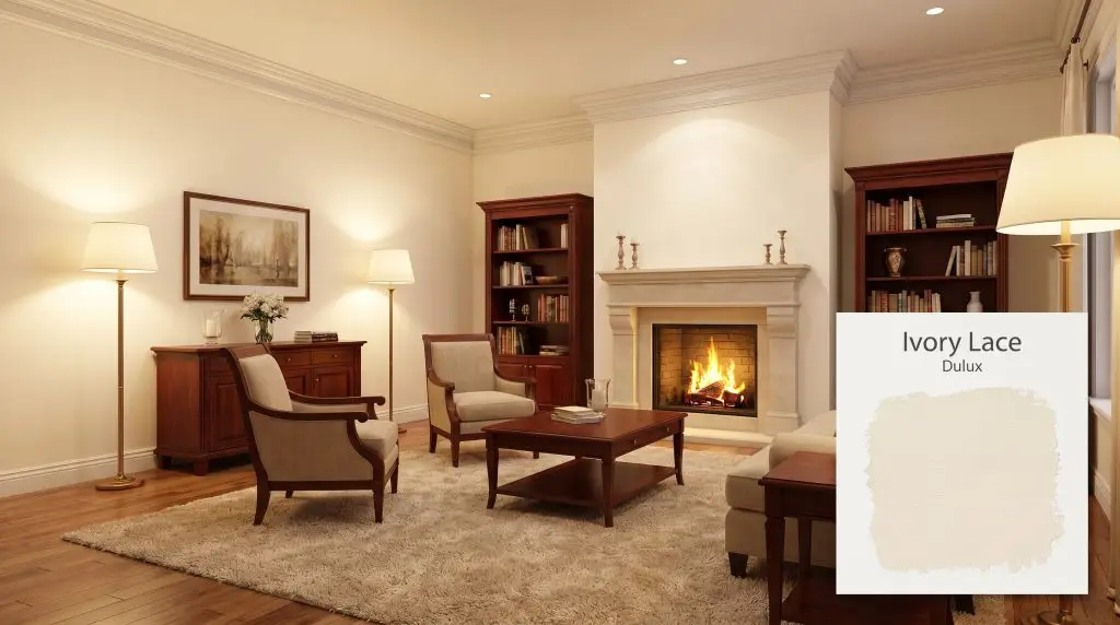Rich mahogany furniture and a classic limestone fireplace coordinate beautifully with creamy Dulux Ivory Lace (Hex #F7EDDA) walls.