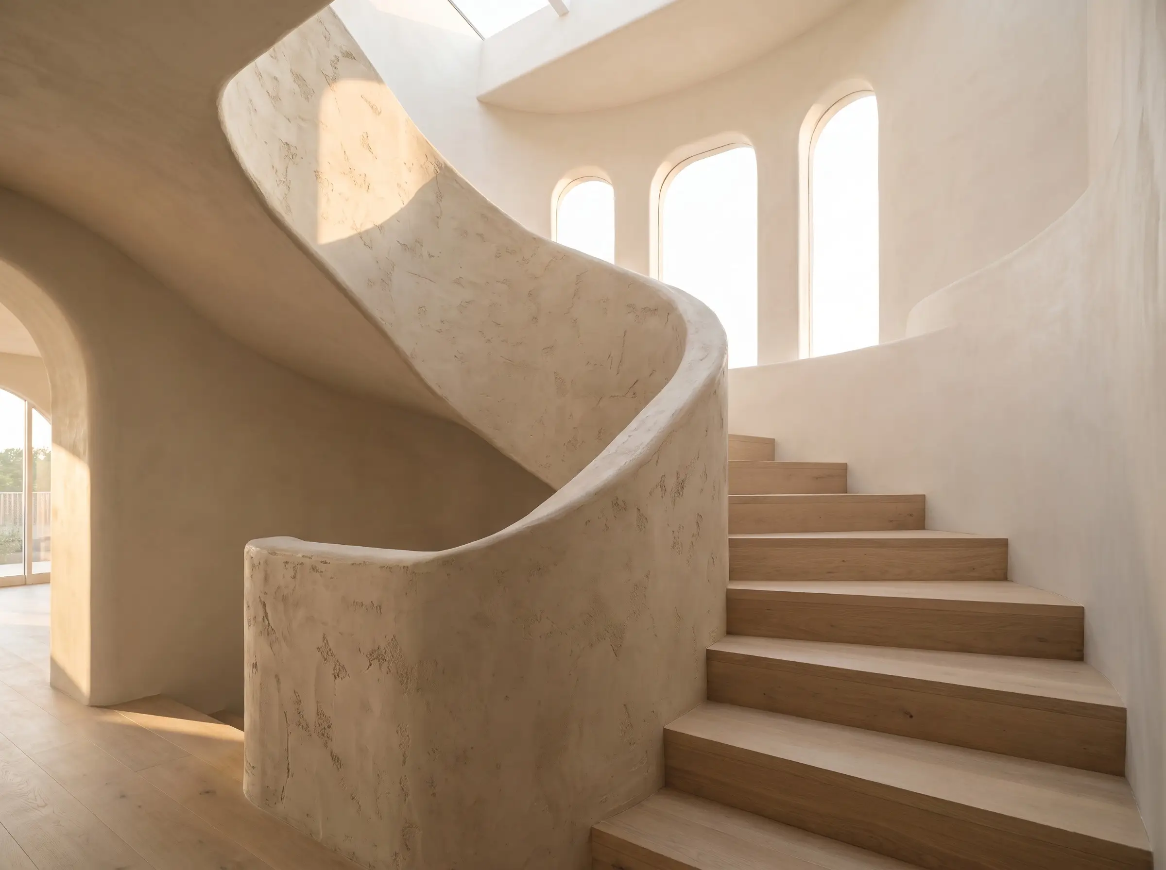 A continuous curved staircase parapet finished in hand-troweled Kensington Roman clay plaster borders smooth pale oak treads in a bespoke residential space.