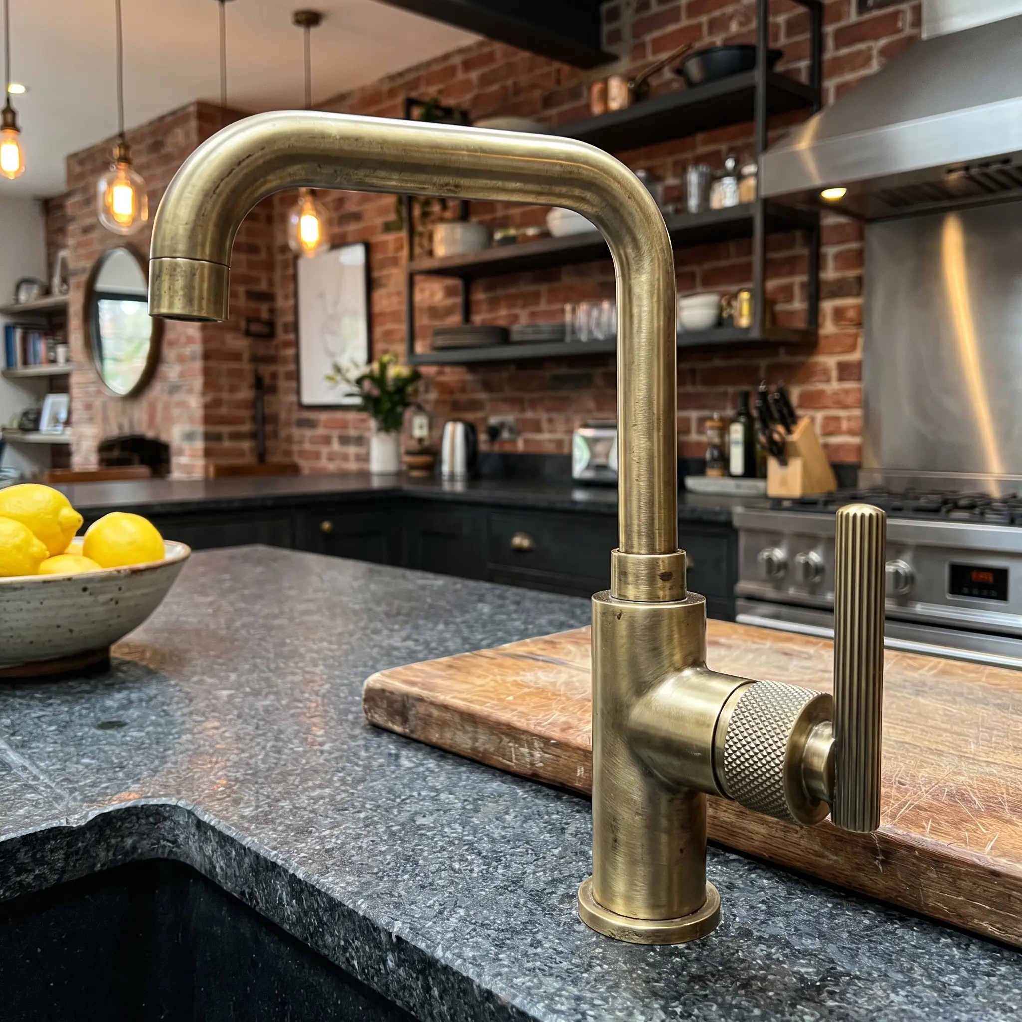 A solid brass kitchen faucet featuring diamond-cut knurled detailing and vertical reeded fluting mounts directly onto a honed dark granite countertop.