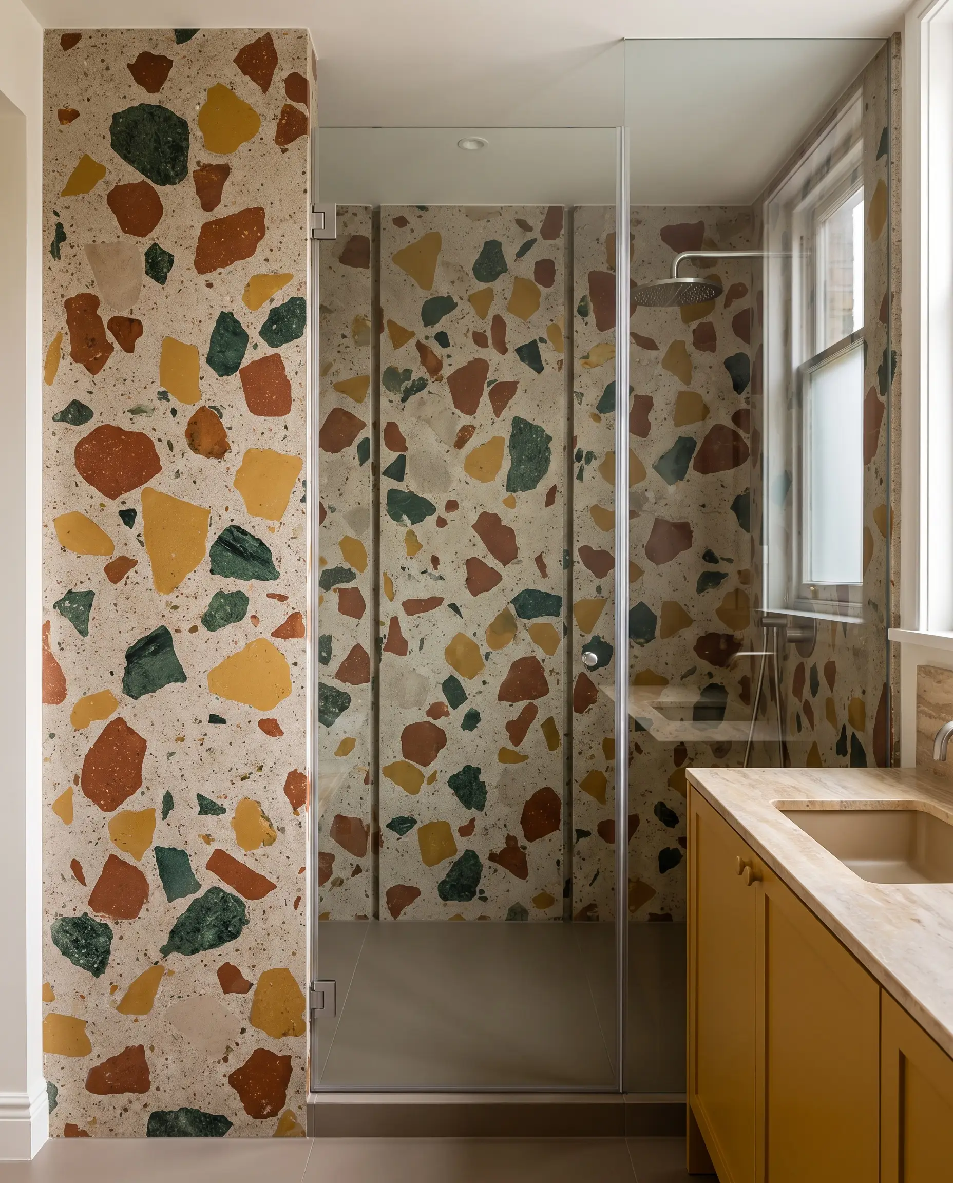 Massive large-format resin terrazzo slabs with chunky rust and deep green aggregate line a shower enclosure next to a solid mustard bathroom vanity.