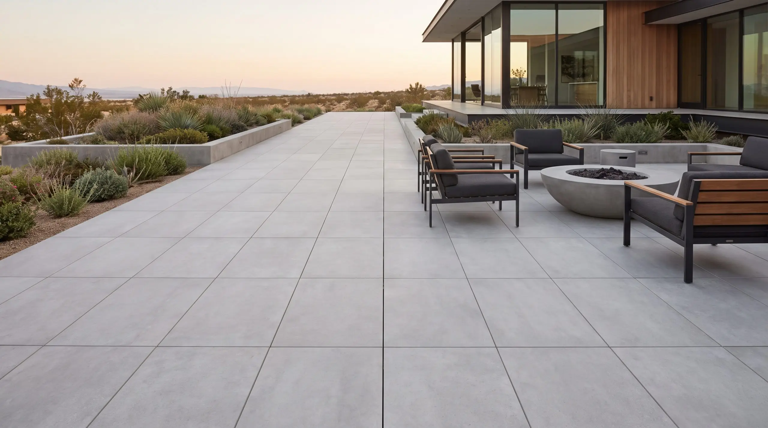 Grandi lastre in gres porcellanato posate a giunto sottile su patio minimalista con poltrone lounge e braciere circolare in cemento.