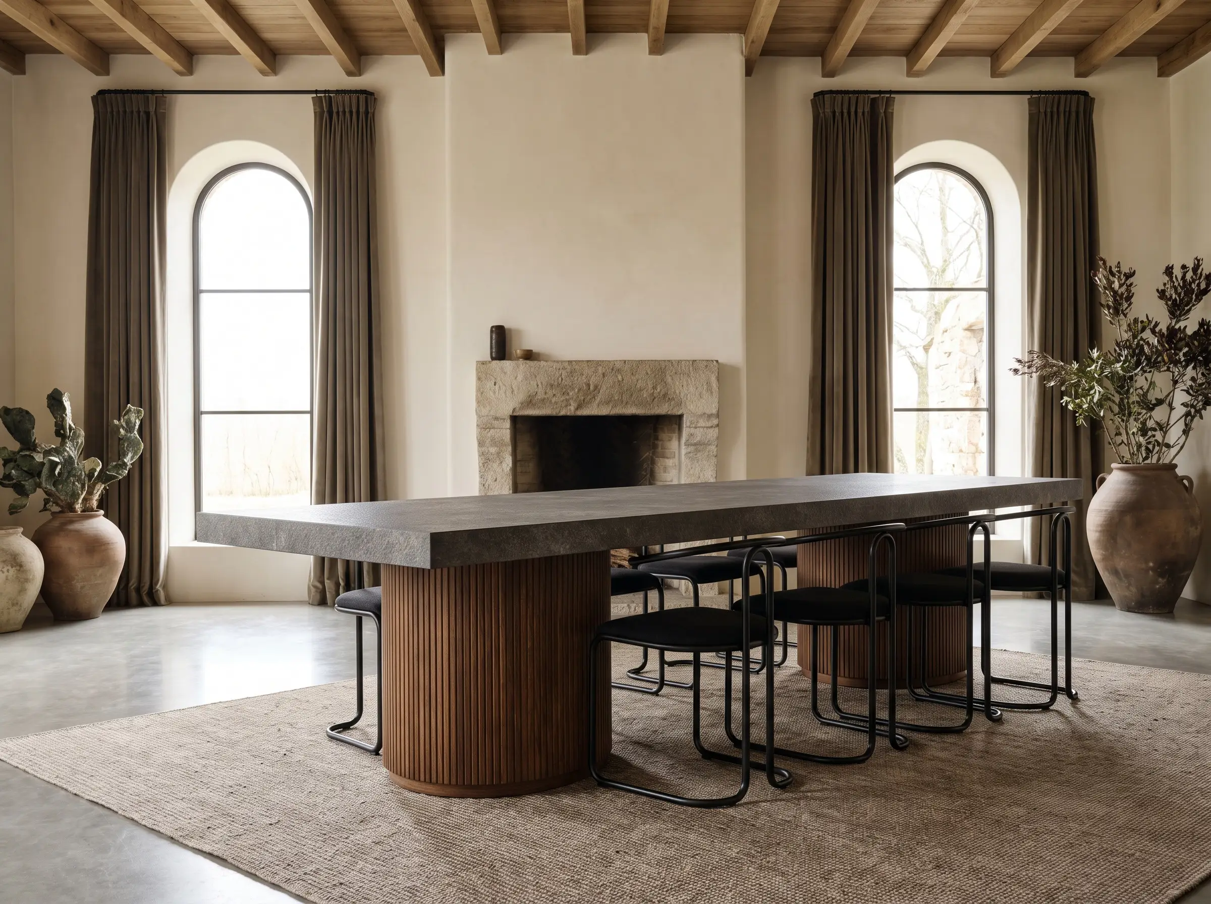 A monolithic sintered stone dining table rests on a ribbed solid oak double-cylinder pedestal base surrounded by slender tubular steel chairs.