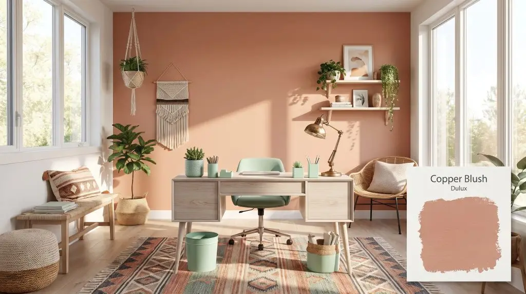 A light ash wood desk and mint green accessories sit before a striking accent wall painted in Dulux Copper Blush (Hex #CC907B).
