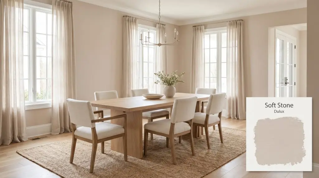 A light oak dining table surrounded by off-white linen chairs sits against walls finished in Dulux Soft Stone (Hex #D6C2B7) under bright morning light.