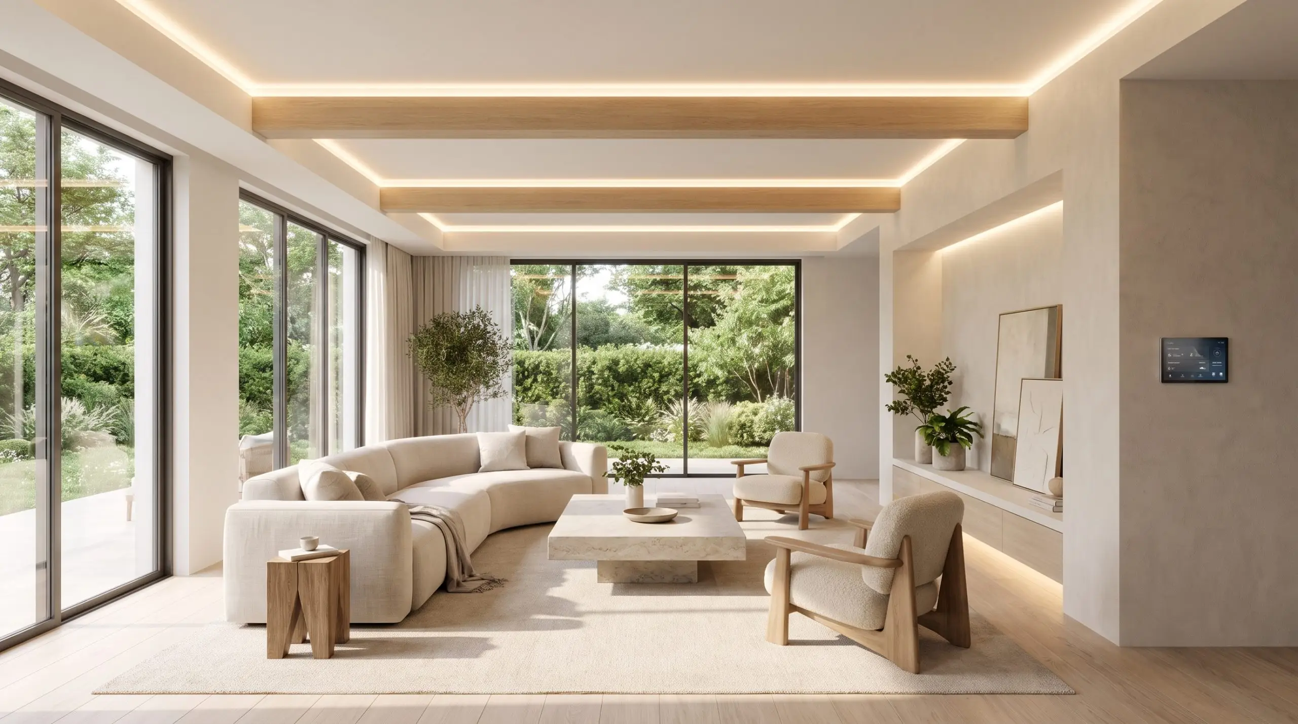 LED architecturales intégrées synchronisées sur le rythme circadien dans une vaste pièce à vivre aux grandes baies vitrées.