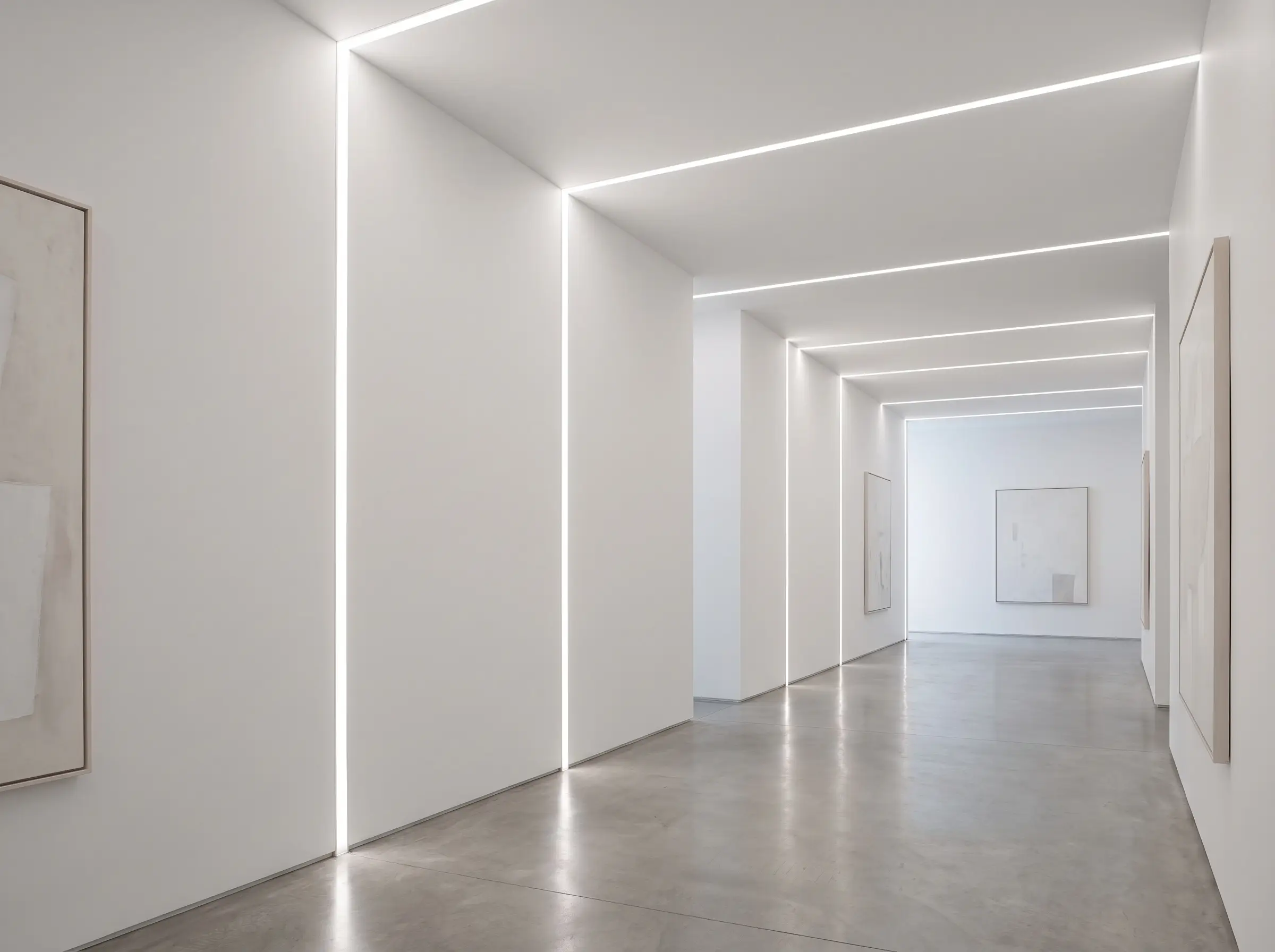 Profilés LED en plâtre et aluminium intégrés sans démarcation le long des murs blancs et du plafond d'un couloir architectural épuré.