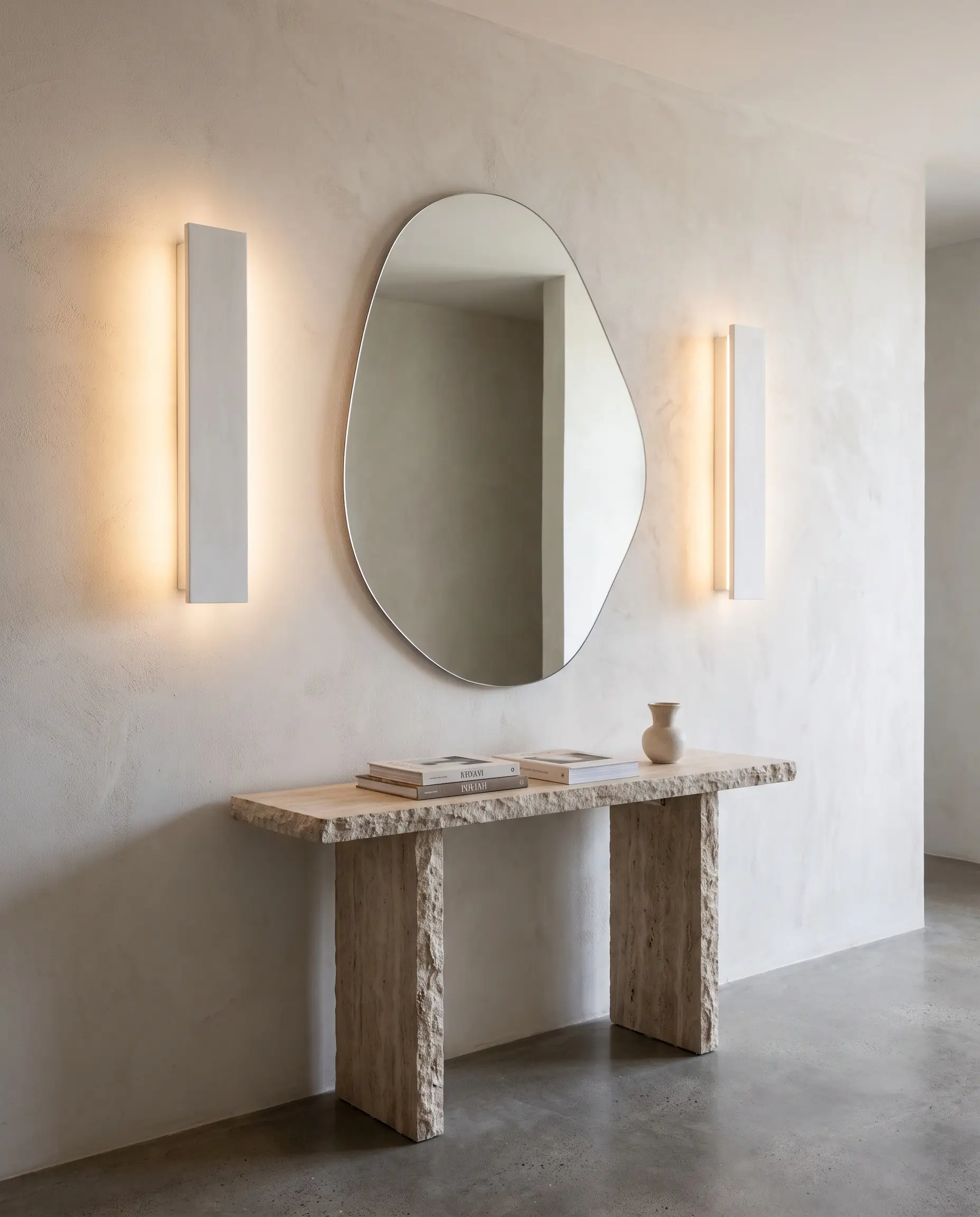Two long linear Roman plaster wall sconces flank a large frameless asymmetrical mirror above a raw travertine entryway console table.
