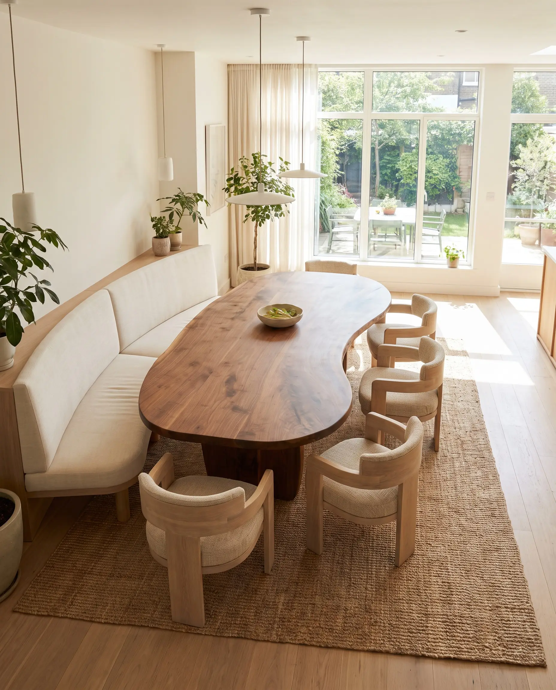 A solid live-edge walnut asymmetrical pebble-shaped dining table pairs with a curved built-in banquette and low-profile rounded chairs.