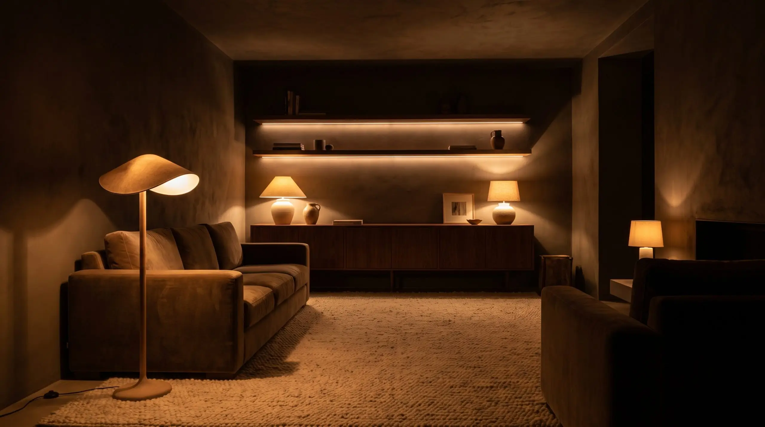 Sculptural floor lamps and low-profile table lamps cast ambient glows across soft plaster walls, highlighting the latest living room design trends in cinematic lighting.