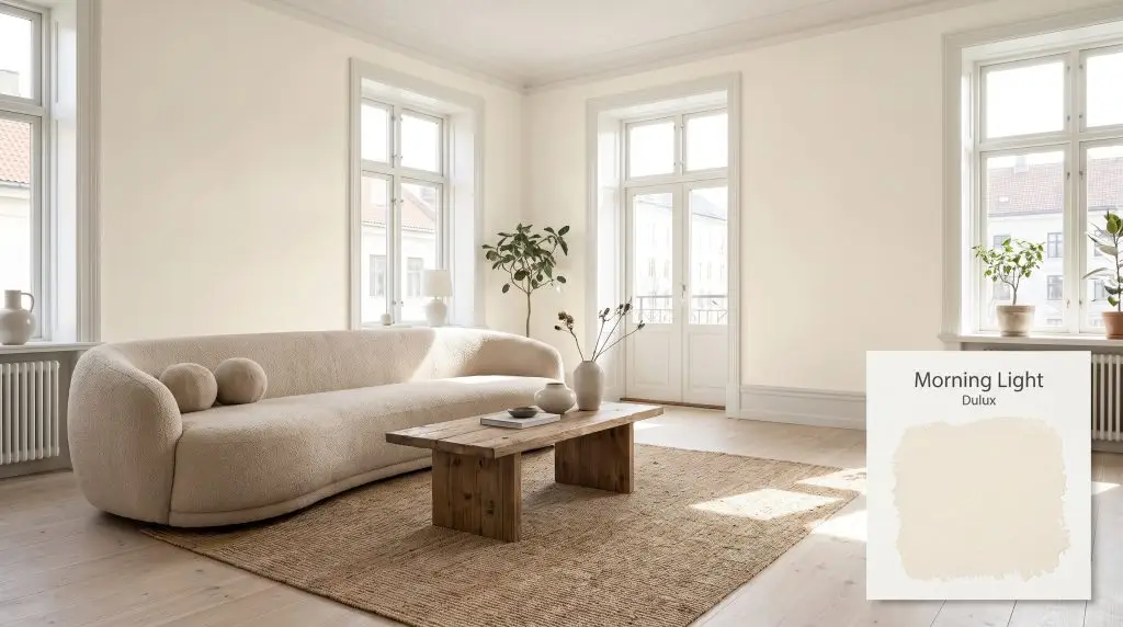A beige bouclé sofa rests on light ash wood floors within a spacious living room featuring Dulux Morning Light (Hex #F8F2E4) warm white walls.