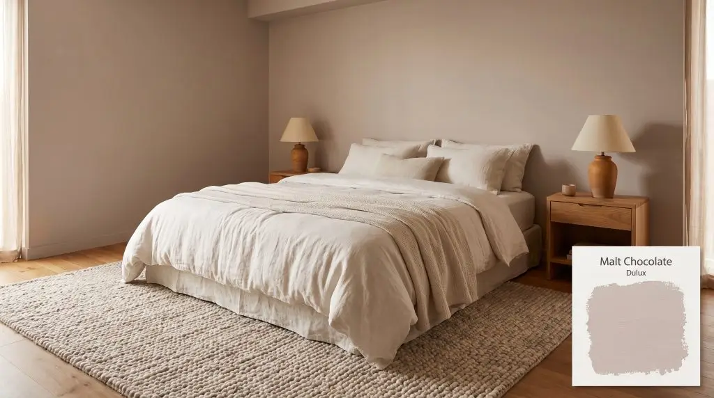 Layered off-white linen bedding and natural wood nightstands furnish an earthy bedroom space coated in Dulux Malt Chocolate (Hex #D1C2B9).
