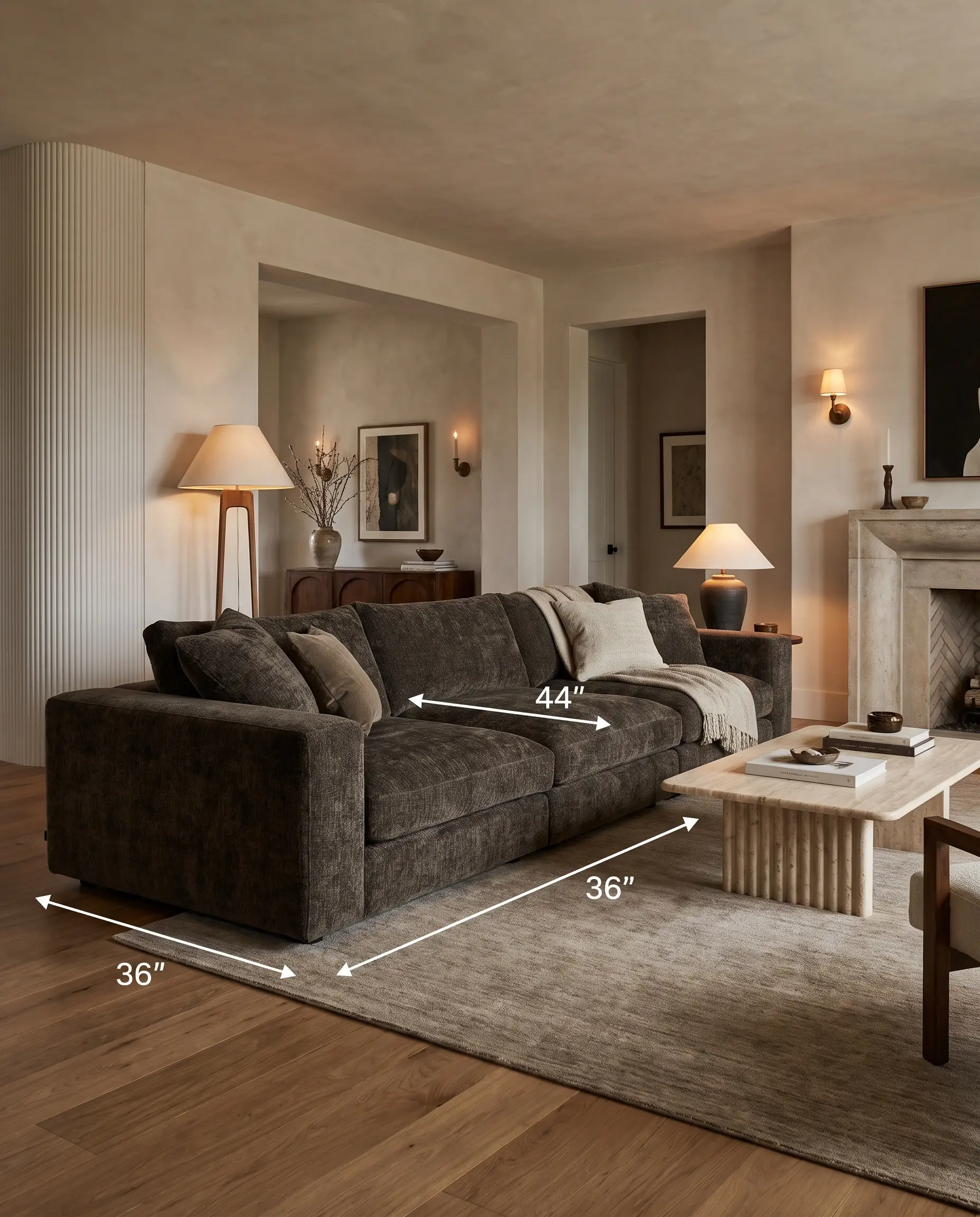 A massive low-profile sofa with dark tactile upholstery sits behind a visually light fluted raw stone coffee table in a sophisticated seating zone.