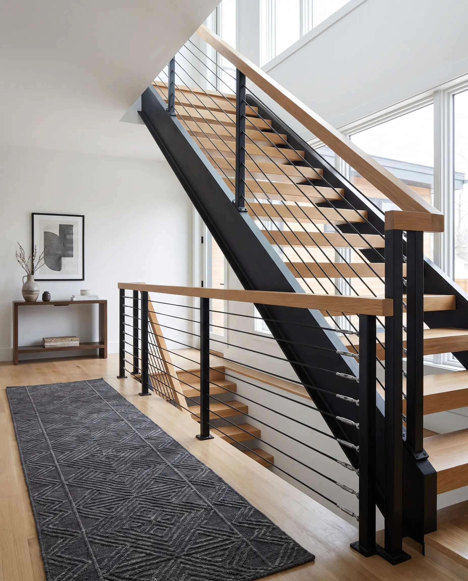 Matte black horizontal marine-grade cable infills and powder-coated turnbuckles frame warm wooden treads in a modern hallway showcasing 2027 staircase and railing trends.