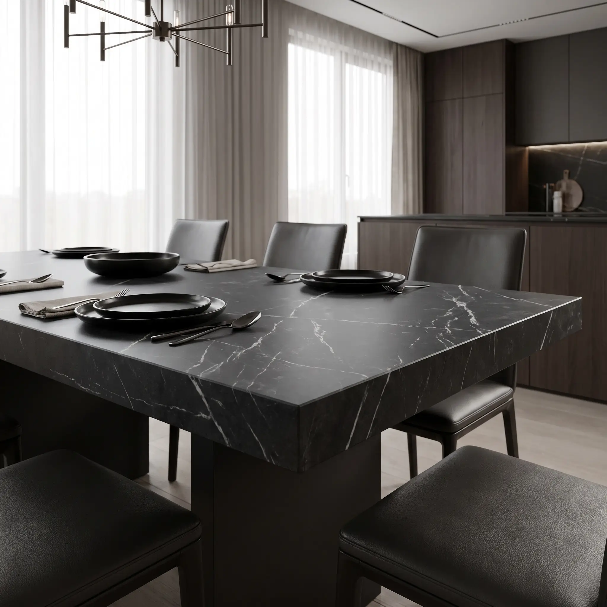 A matte-honed sintered stone dining table showcases heavy Nero Marquina marble veining and mitered edge profiles alongside sleek leather dining chairs.