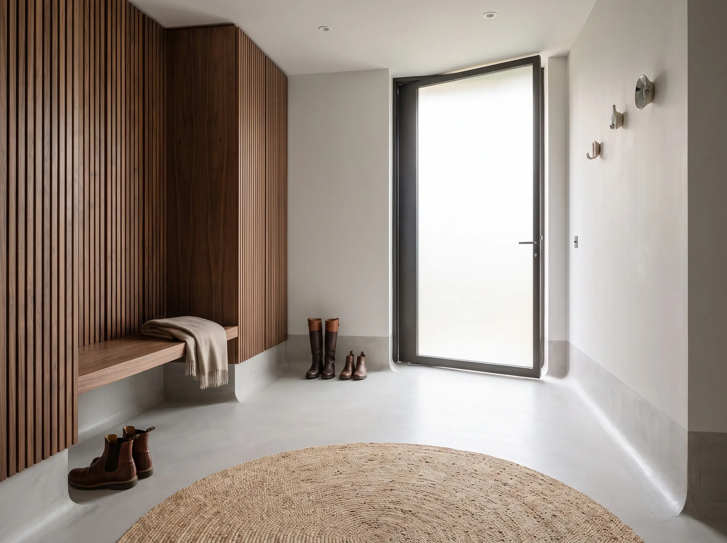 Seamless grout-free micro-cement floors curve into baseboards alongside warm walnut slat-wood wall paneling in these 2027 entryway and mudroom design trends.