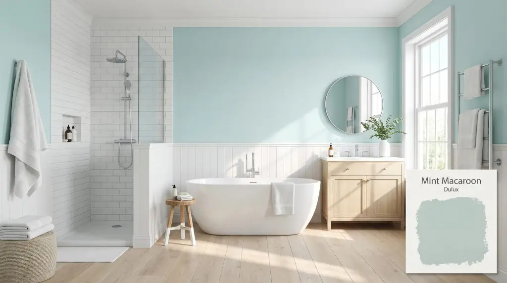 Bright daylight reflects off a freestanding tub, pale oak vanity, and white subway tiles surrounded by Dulux Mint Macaroon (Hex #B9D3D1) aqua walls.