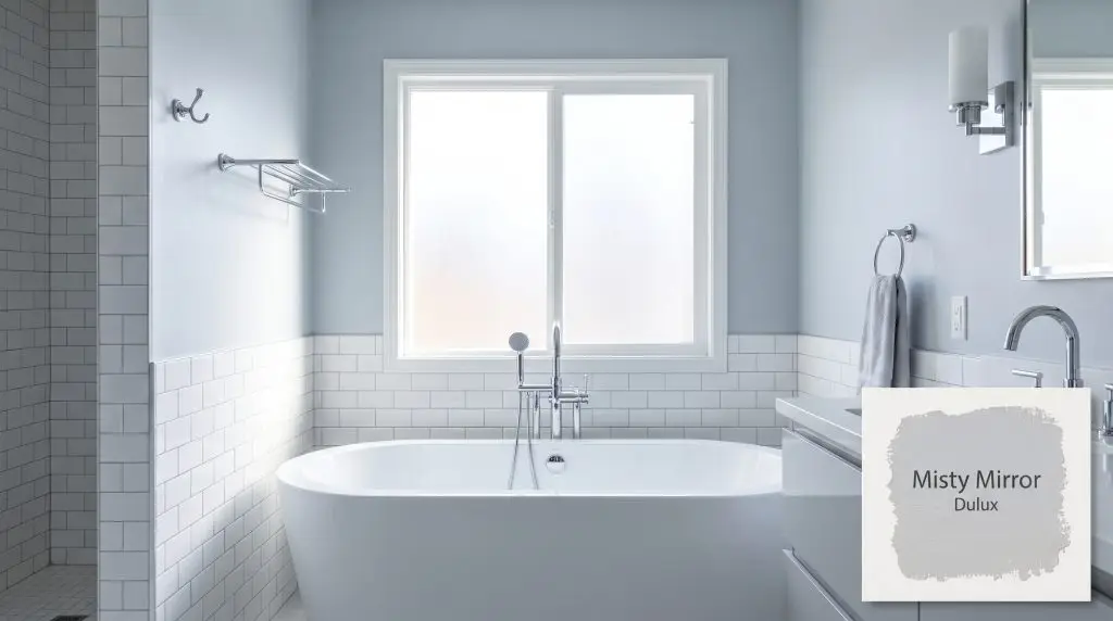 A freestanding white bathtub and polished chrome fixtures stand out against cool silvery-blue walls finished in Dulux Misty Mirror (Hex #C8CED4).