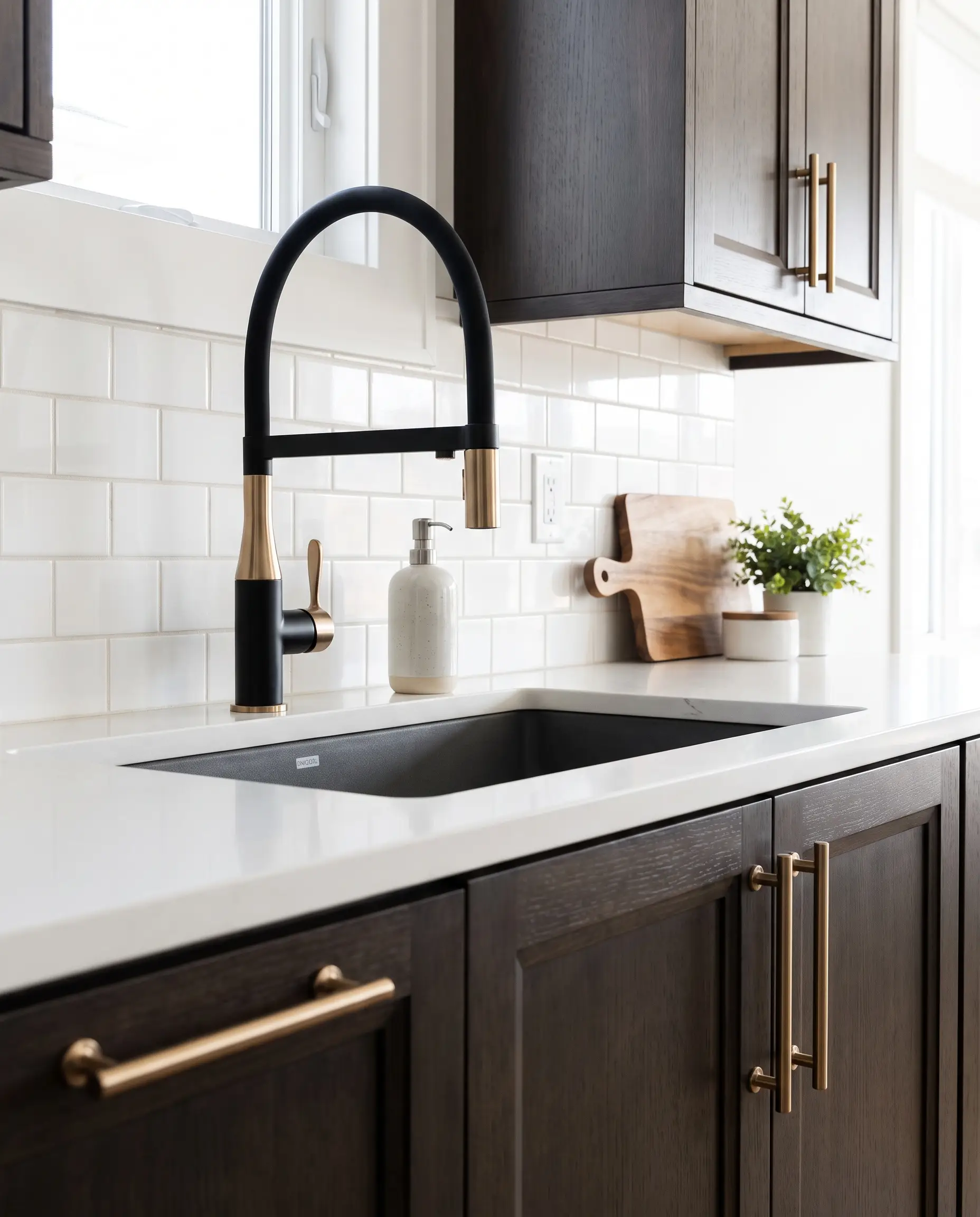 A split-finish matte black and champagne bronze faucet sits above a dark charcoal granite composite sink against a crisp white subway tile backsplash.