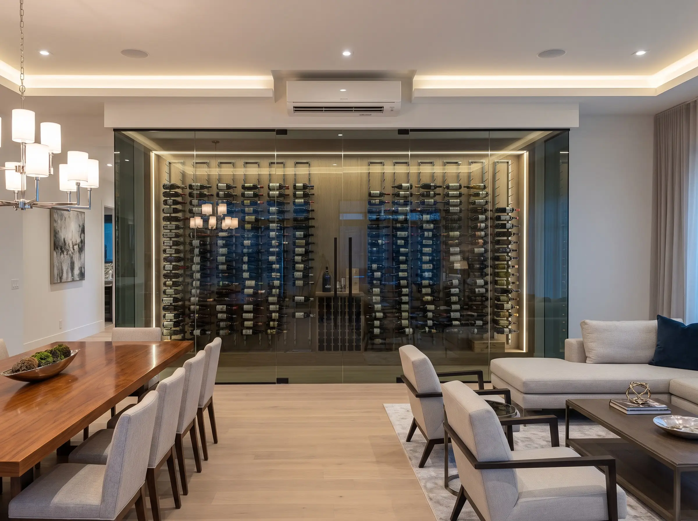 A floor-to-ceiling frameless glass wine wall with UV-tinted glazing acts as a dynamic room divider between a formal dining room and modern living area.