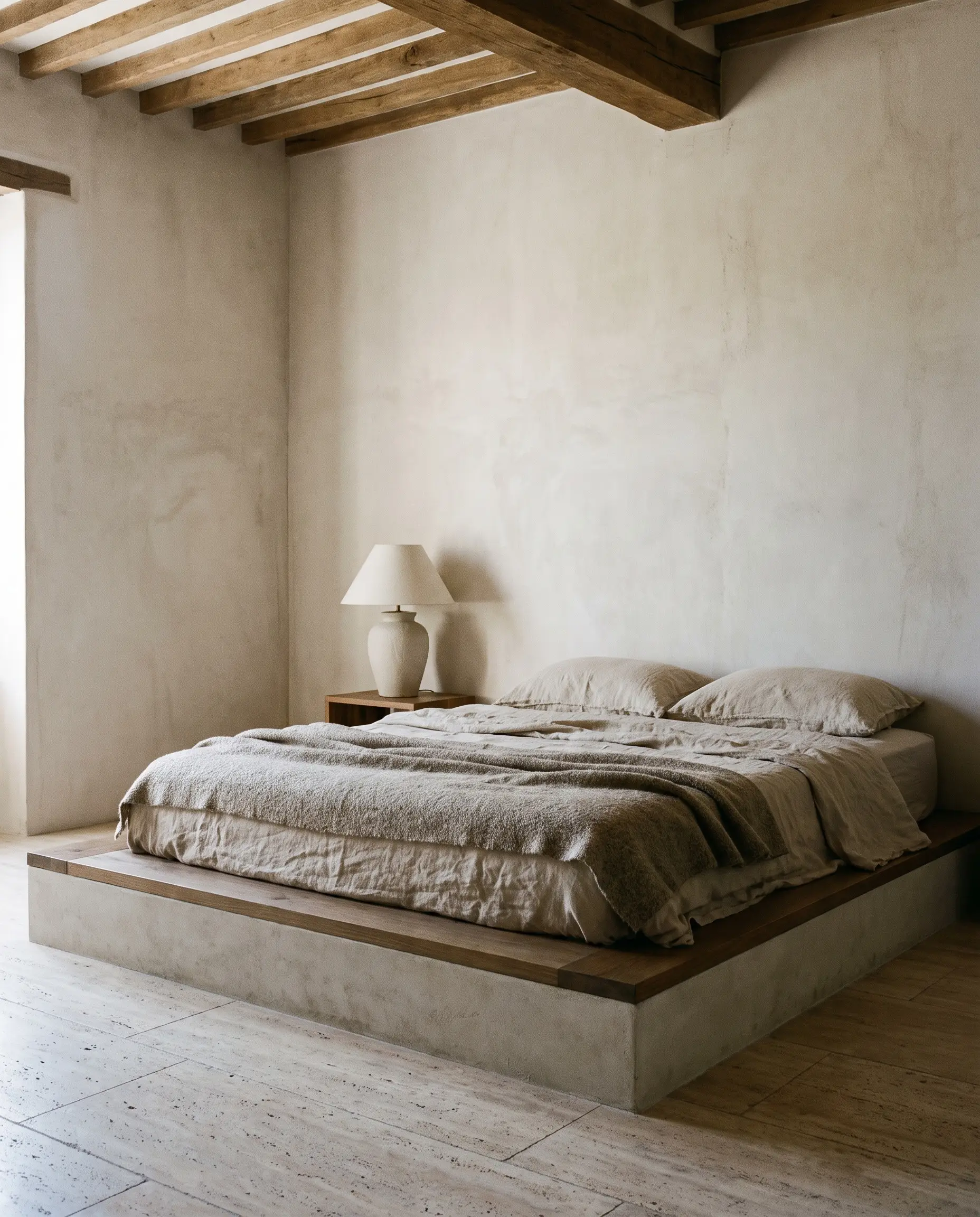 A grounded monolithic plinth base bed constructed from heavy matte plaster and smoked oak sits on natural travertine flooring alongside a sculptural ceramic lamp.