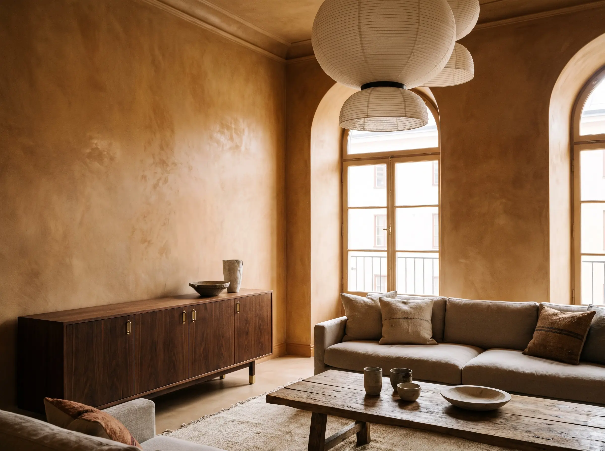 Authentic Moroccan Tadelakt plaster walls with a soft suede-like finish showcase modern living room design trends alongside a deep walnut credenza and sculptural paper pendants.