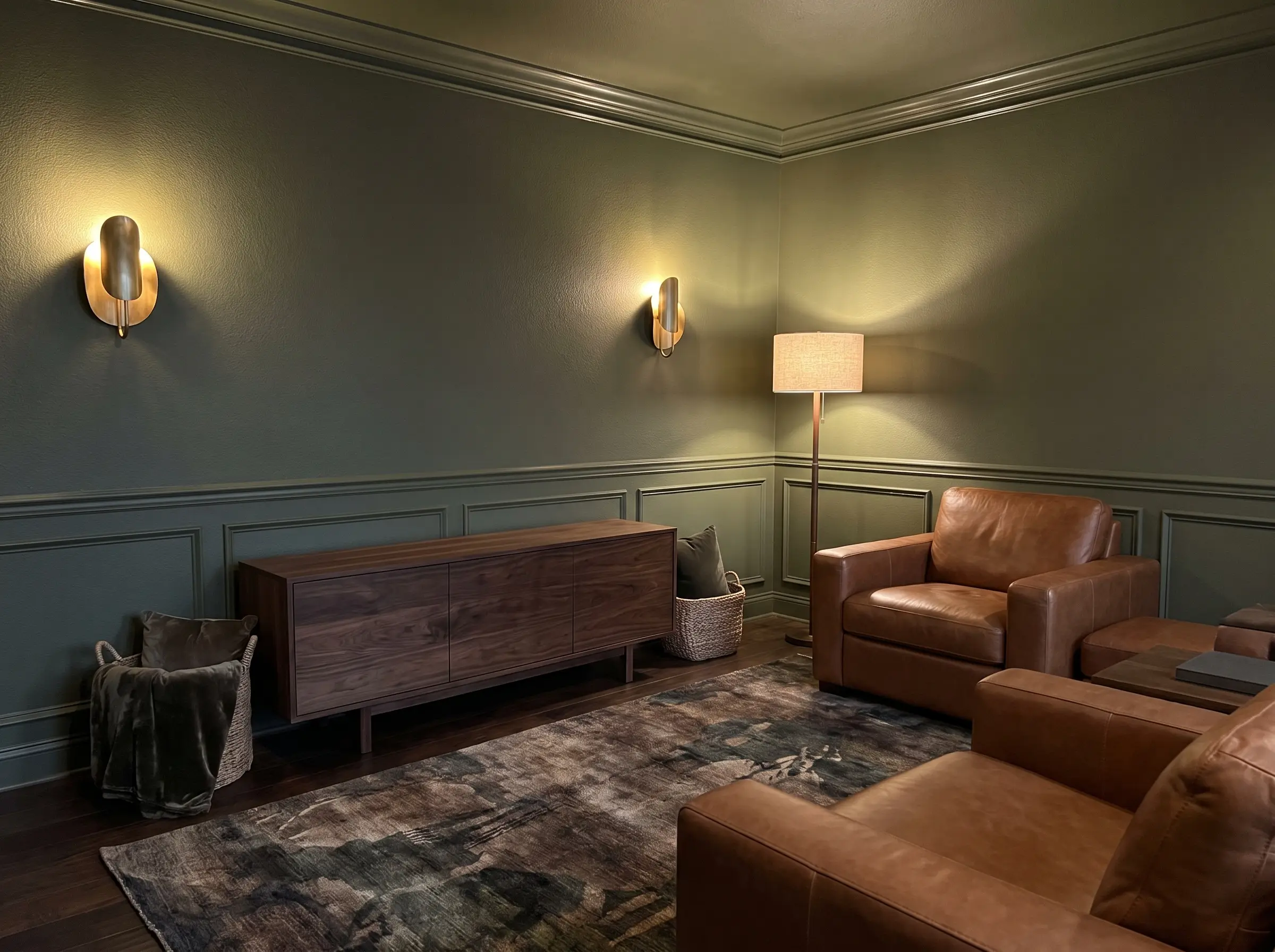 Dark green walls painted in Sherwin-Williams Rosemary create a cool-toned architectural backdrop for a deep walnut credenza and cognac saddle leather accent chairs.
