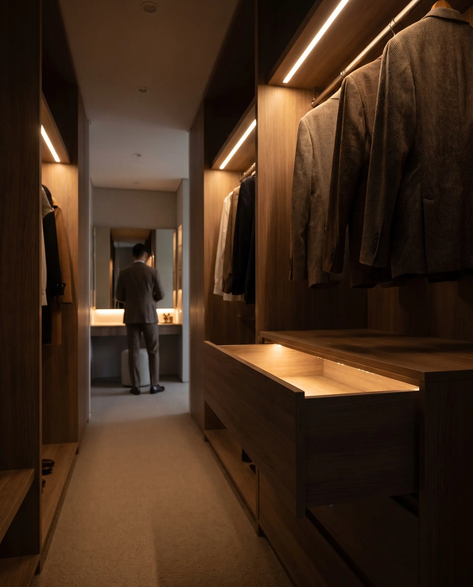 A gently opened drawer glows softly from interior micro-LEDs activated by magnetic reed switches in a narrow walk-in closet aisle.