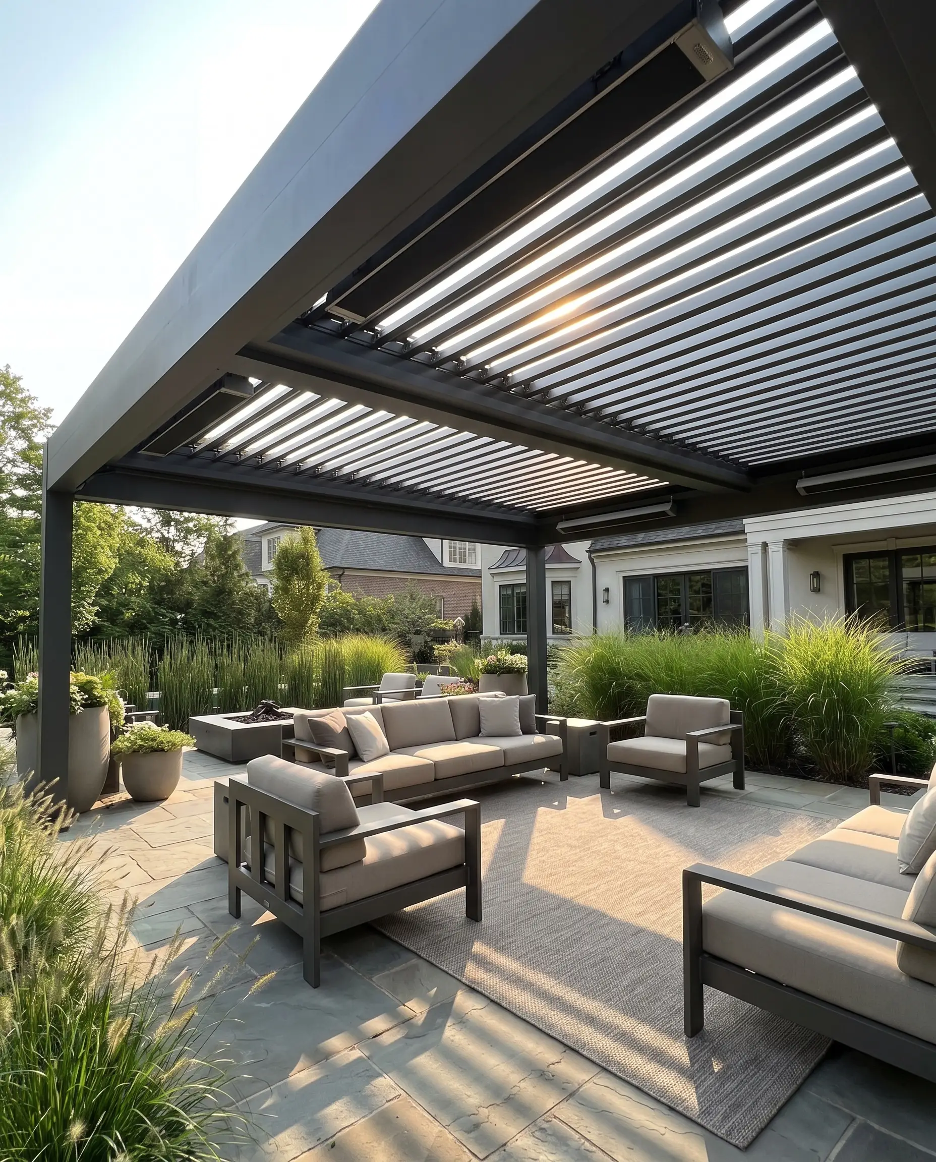 Pergola bioclimatica motorizzata con profili in alluminio estruso ad alto spessore e lamelle orientabili su patio in pietra.