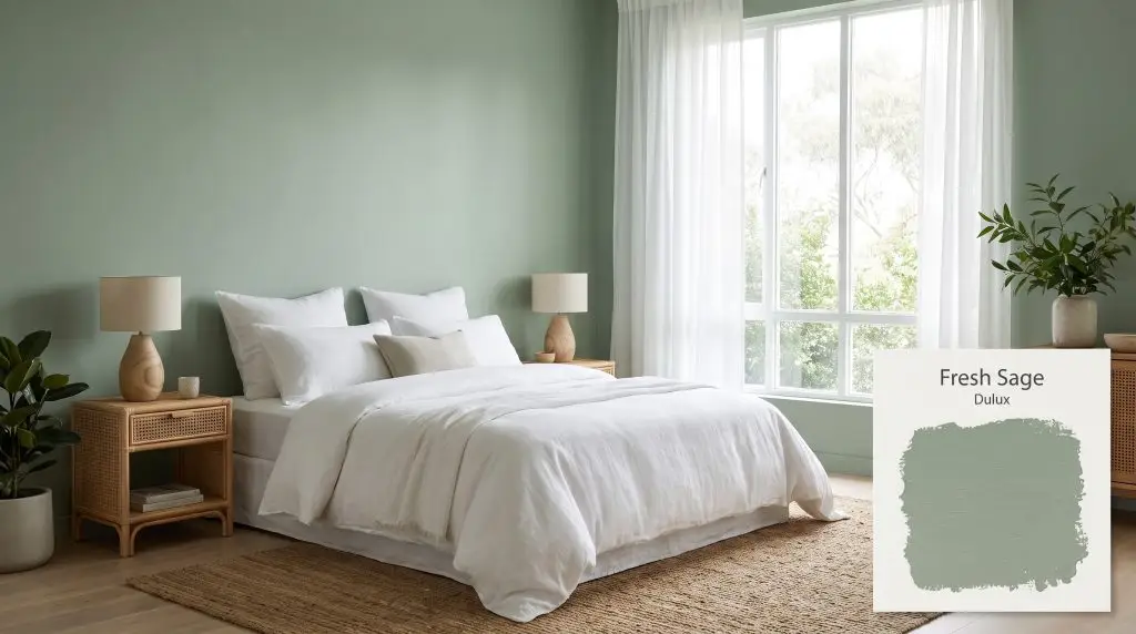 Crisp white linen bedding and natural rattan accents are positioned against muted sage green bedroom walls painted in Dulux Fresh Sage (Hex #8AA38B).