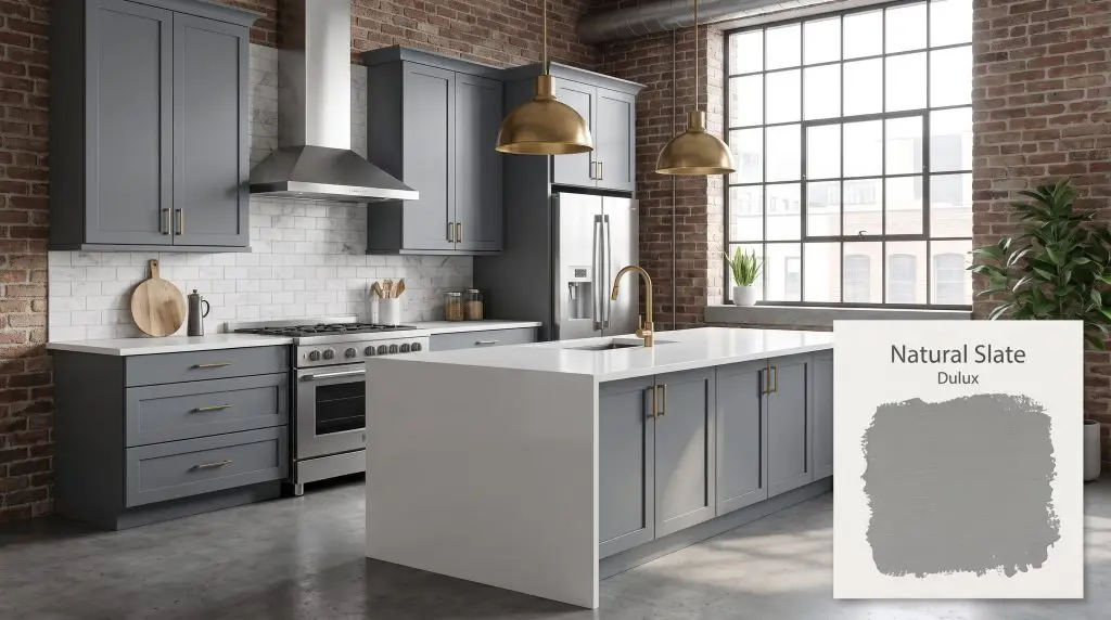 Sleek modern cabinetry painted in Natural Slate (Hex #909396) anchors a kitchen featuring white quartz countertops and brass pendants.