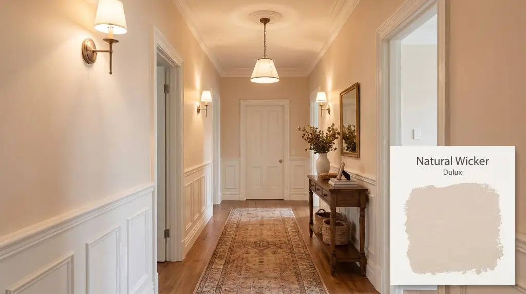 Classic white wainscoting and a vintage runner rug line a welcoming hallway painted in the soft warm beige of Dulux Natural Wicker (Hex #EDE0D1).
