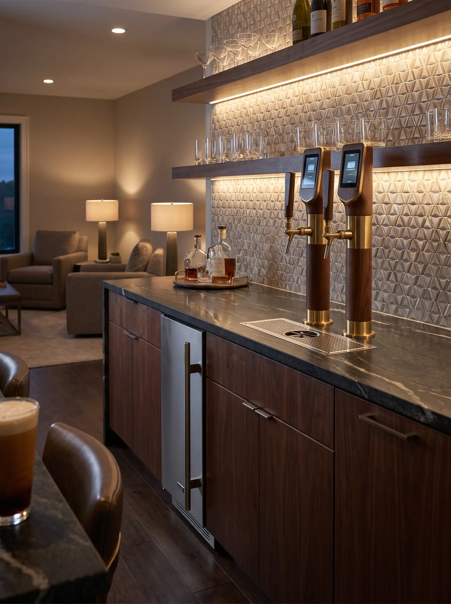 Bespoke nitro-brew keg taps and a sleek under-counter water dispensing fixture are installed on a luxurious stone countertop above elegant base cabinetry.