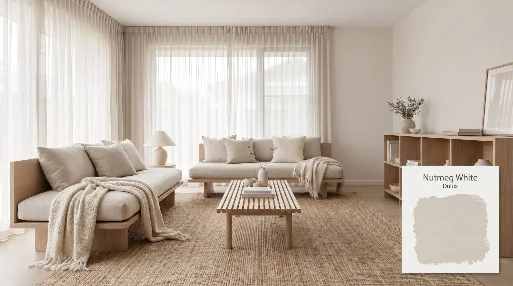 Minimalist light ash wood furniture and textured cream textiles sit against Japandi-style living room walls painted in Dulux Nutmeg White (Hex #E3DCD4).