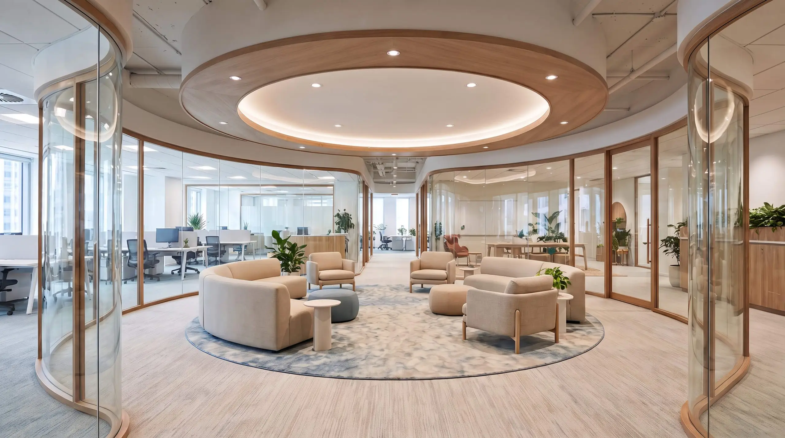 Curved acoustic glass partitions and bentwood framing enclose a circular tufted broadloom rug and rounded lounge furniture in this flowing corporate workspace.