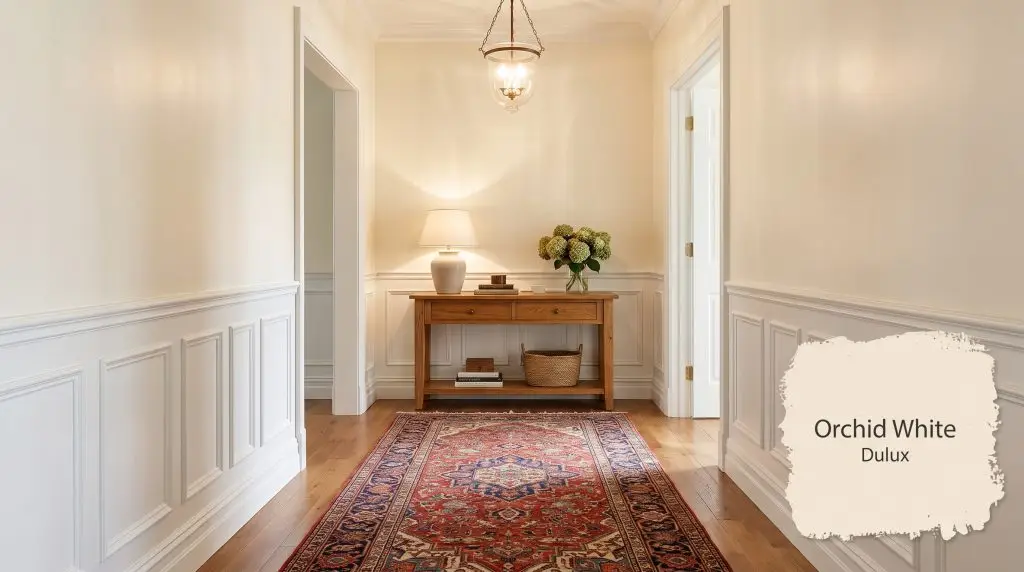 A traditional hallway displays white wainscoting, a vintage runner rug, and sunny off-white upper walls painted in Dulux Orchid White (Hex #F4E9D4).
