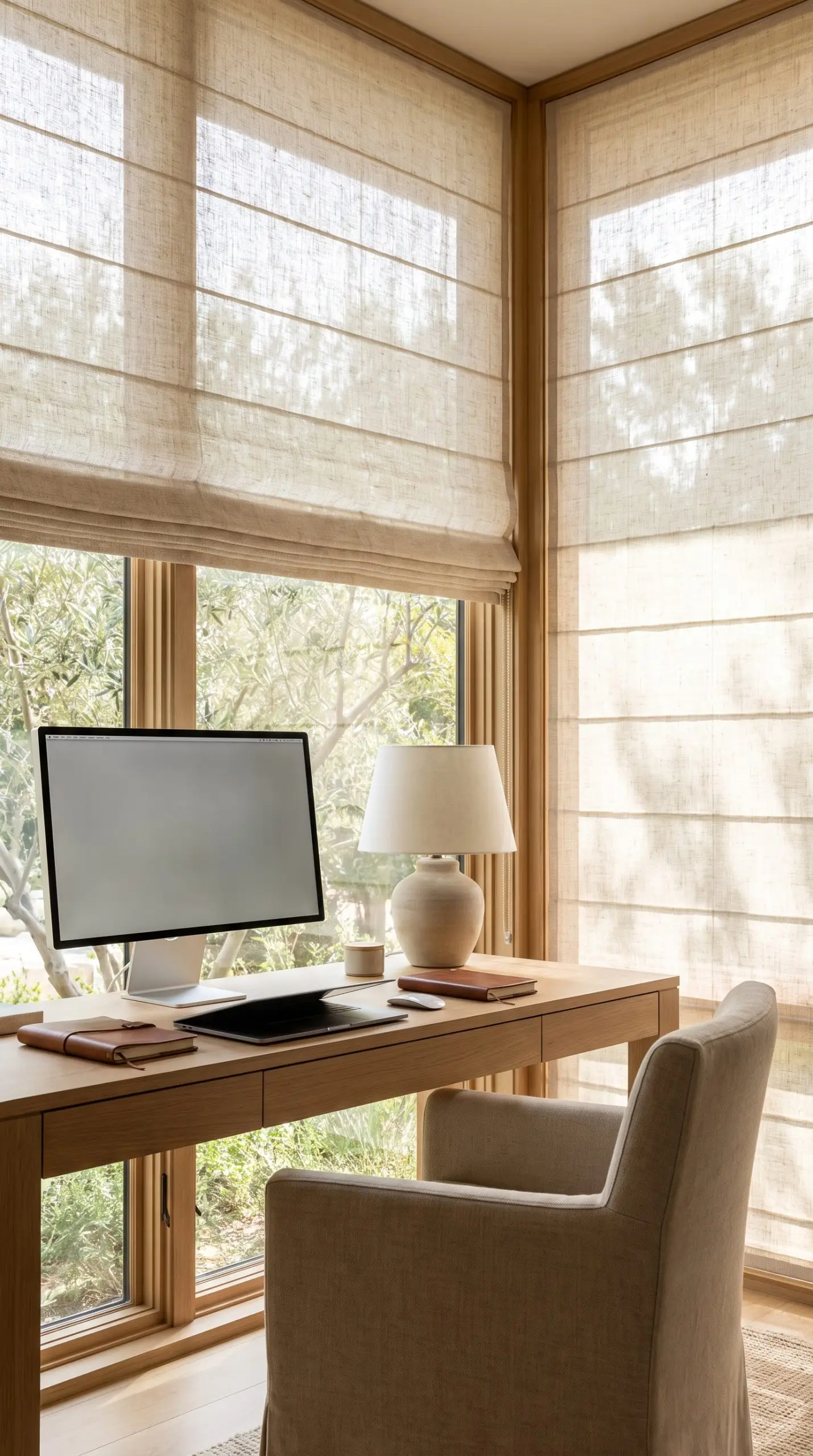 Stores bateaux sur mesure en lin biologique non doublé filtrant la lumière naturelle sur un bureau contemporain aux matières tactiles.