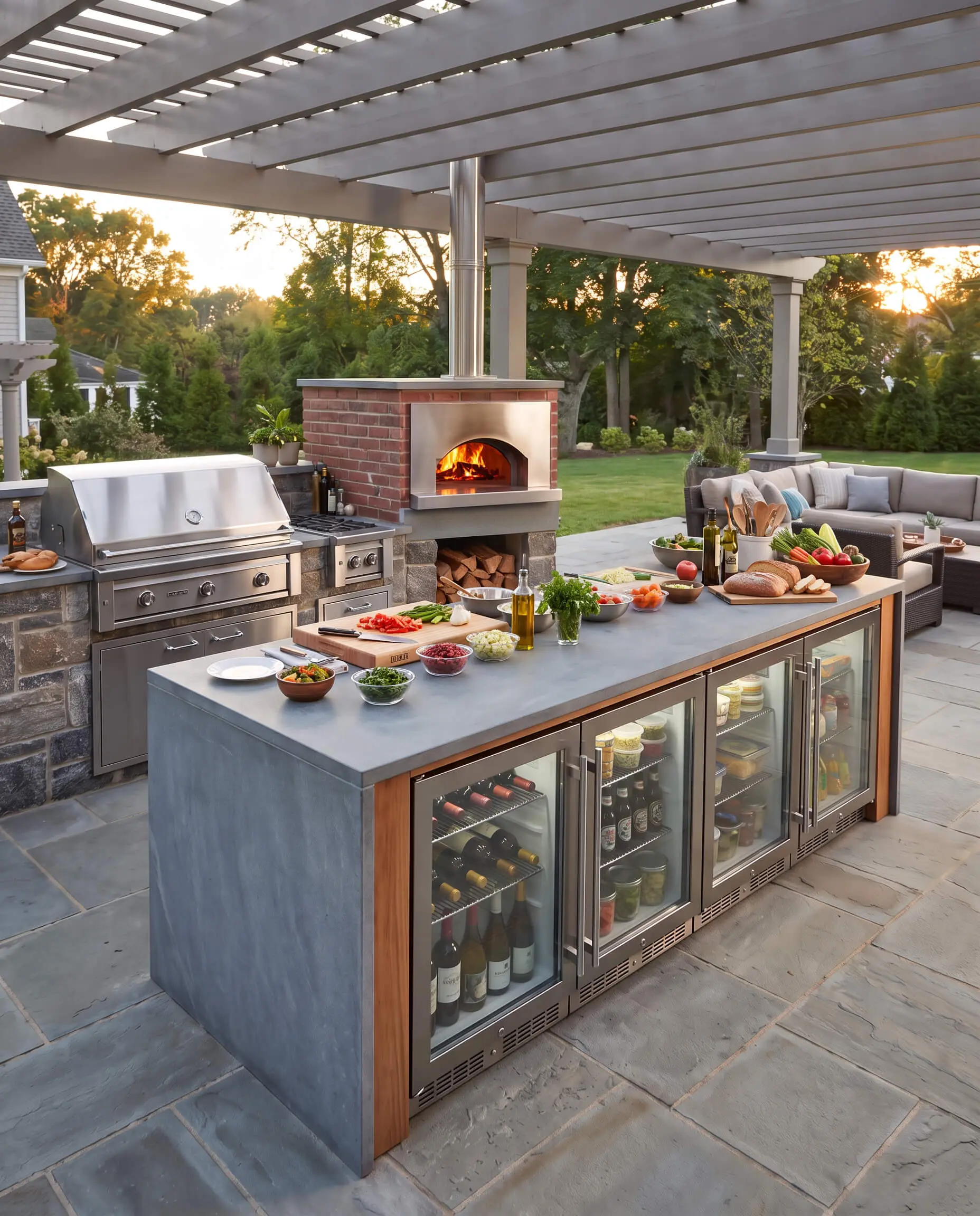 Isola cucina da esterno in pietra con frigo sottotop, forno per pizza integrato e barbecue in acciaio inox.