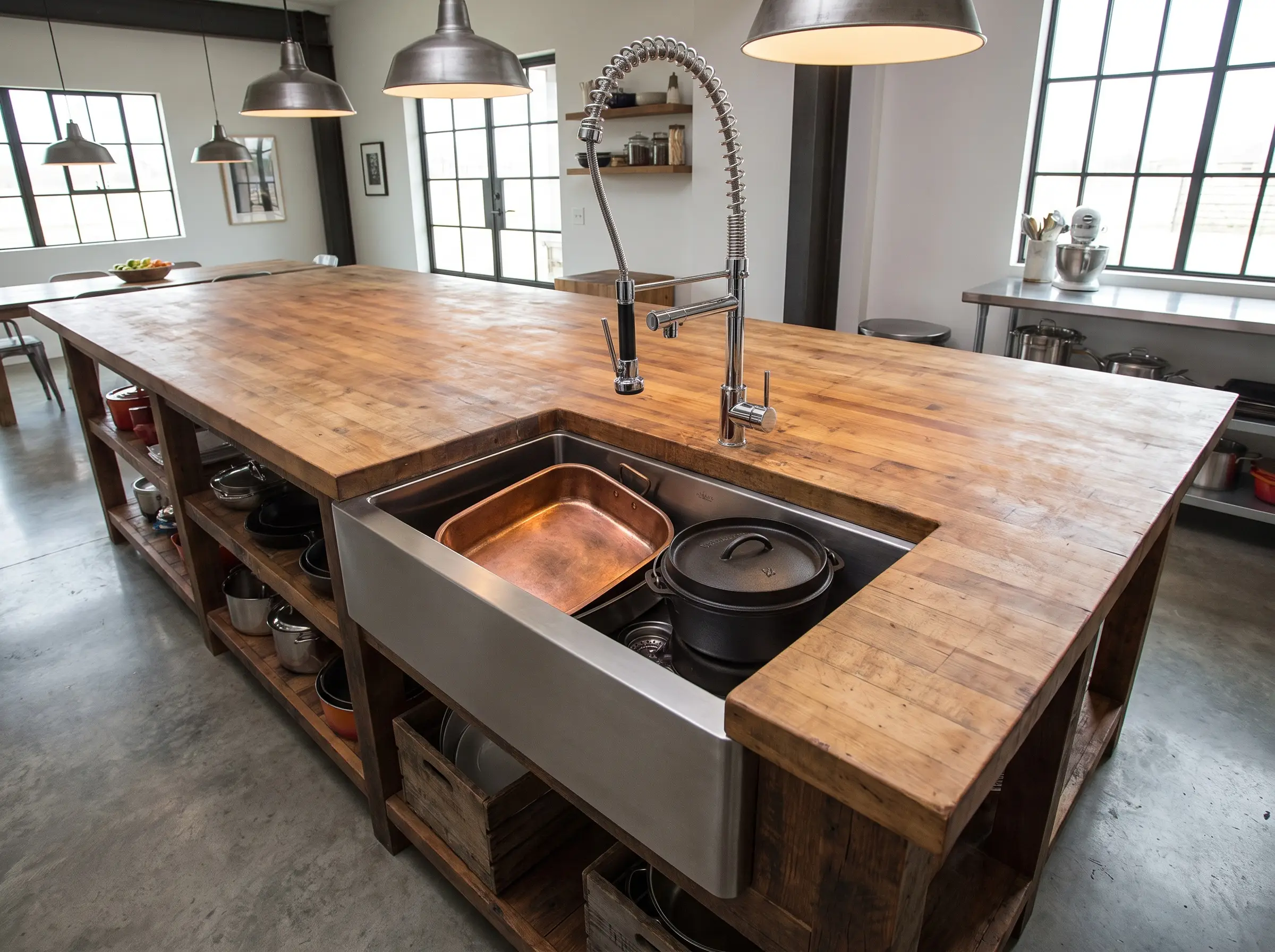 A massive 36-inch single-bowl configuration stainless steel sink holds a copper roasting pan beneath a high-arc commercial spring faucet and butcher block counters.