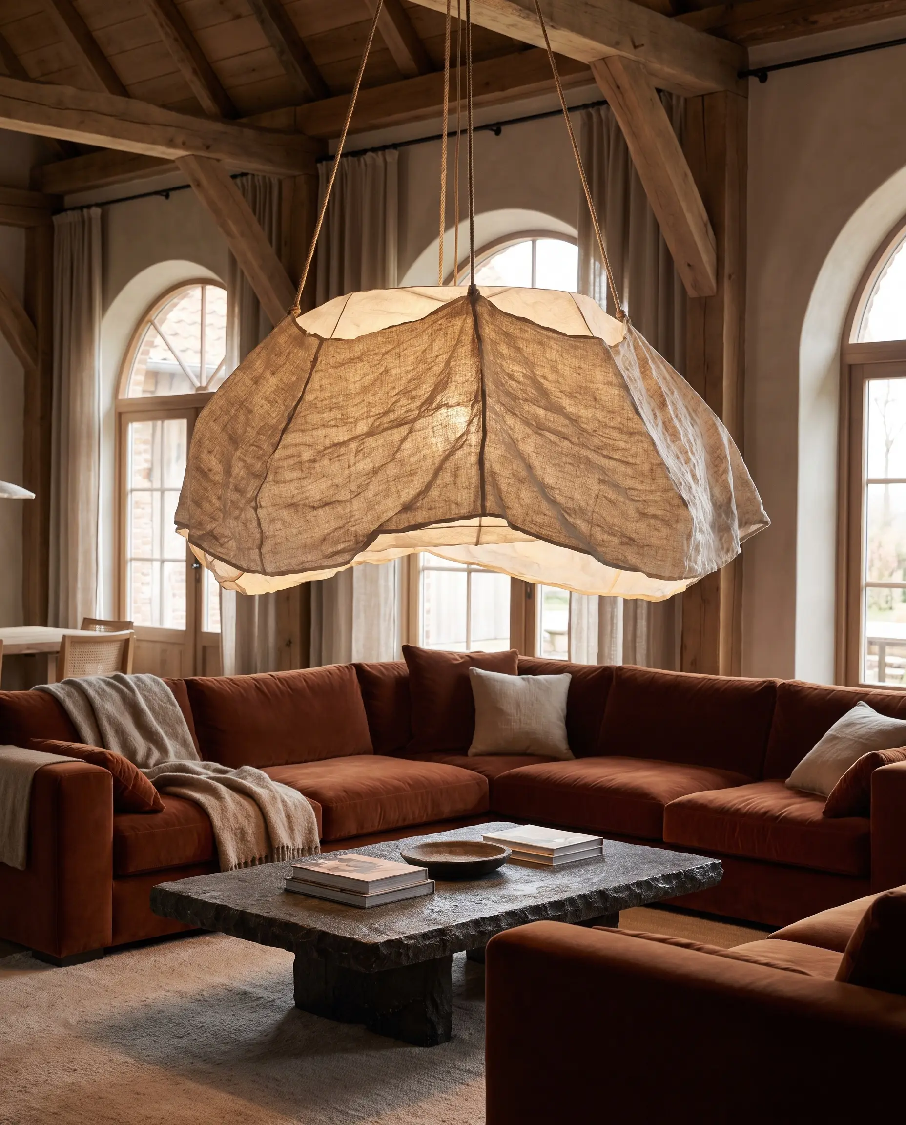 An oversized Noguchi-inspired washi paper pendant provides soft overhead lighting above a raw stone coffee table and deep mohair sofa in these living room design trends.