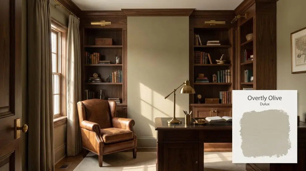 Dark walnut shelving and a vintage leather armchair furnish a classic study featuring walls finished in Dulux Overtly Olive (Hex #B1AC96).