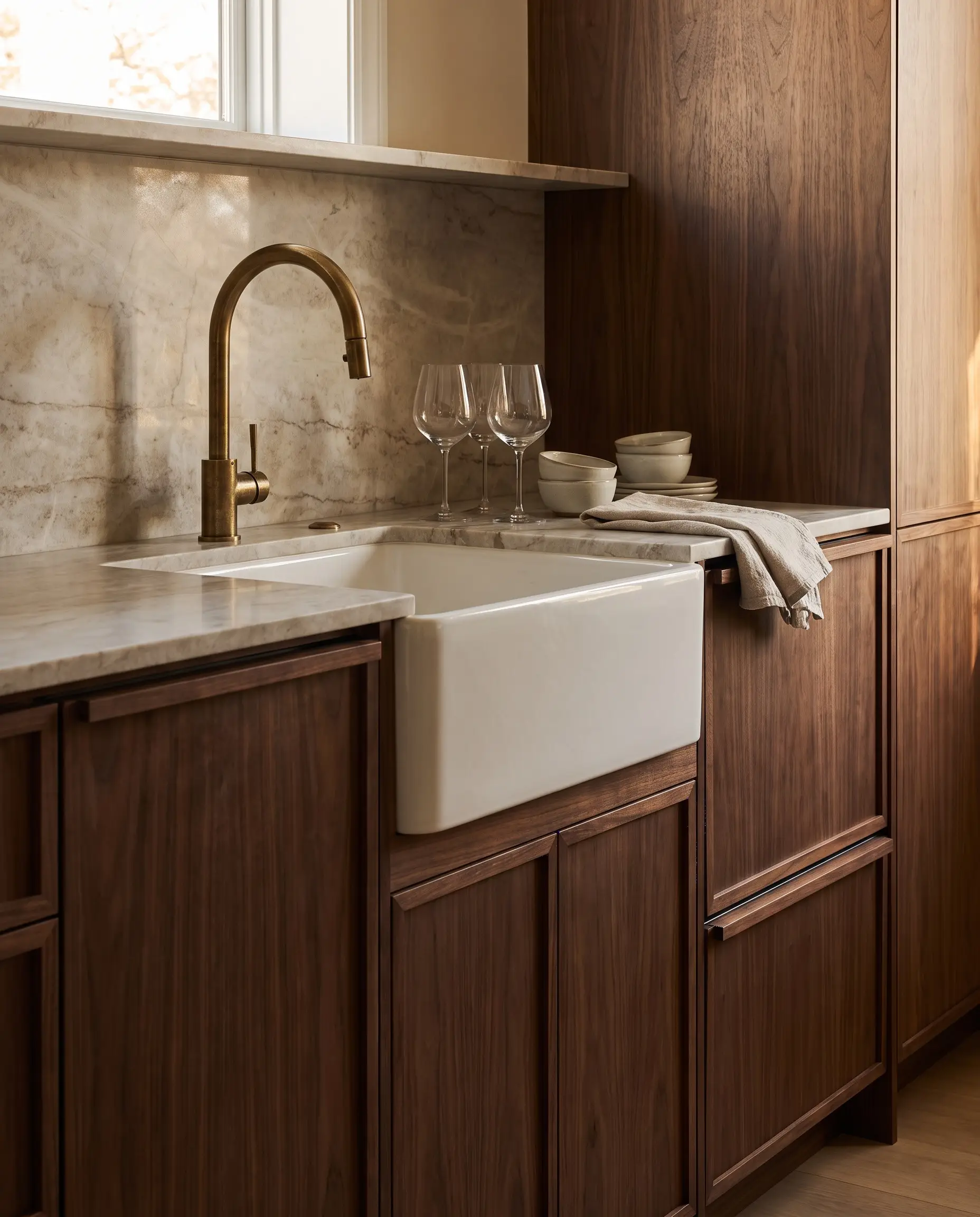 A deep prep sink is flanked by panel-ready drawer dishwashers integrated into bespoke custom millwork alongside stone countertops and a brass faucet.