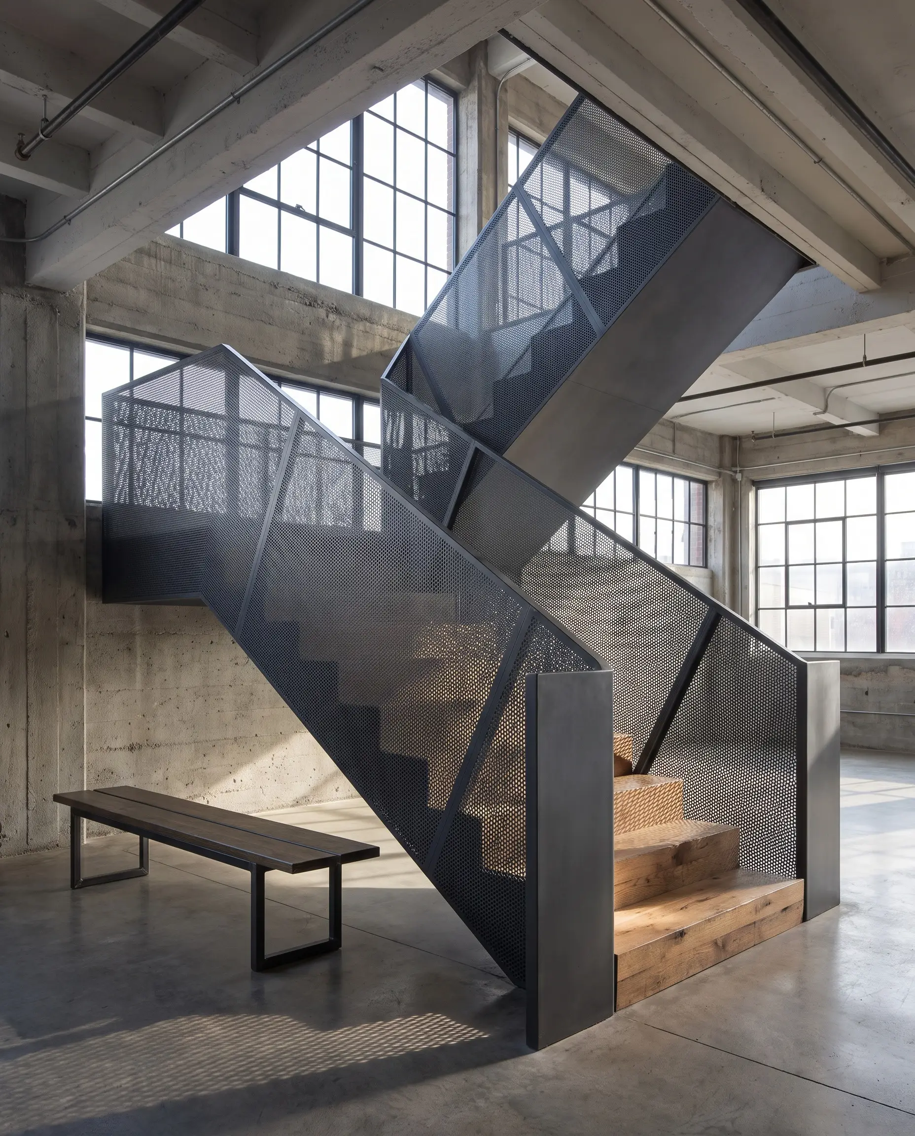 A continuous staircase balustrade made of custom-folded, matte powder-coated perforated steel sheets borders oak treads and a polished concrete floor in an industrial entryway.