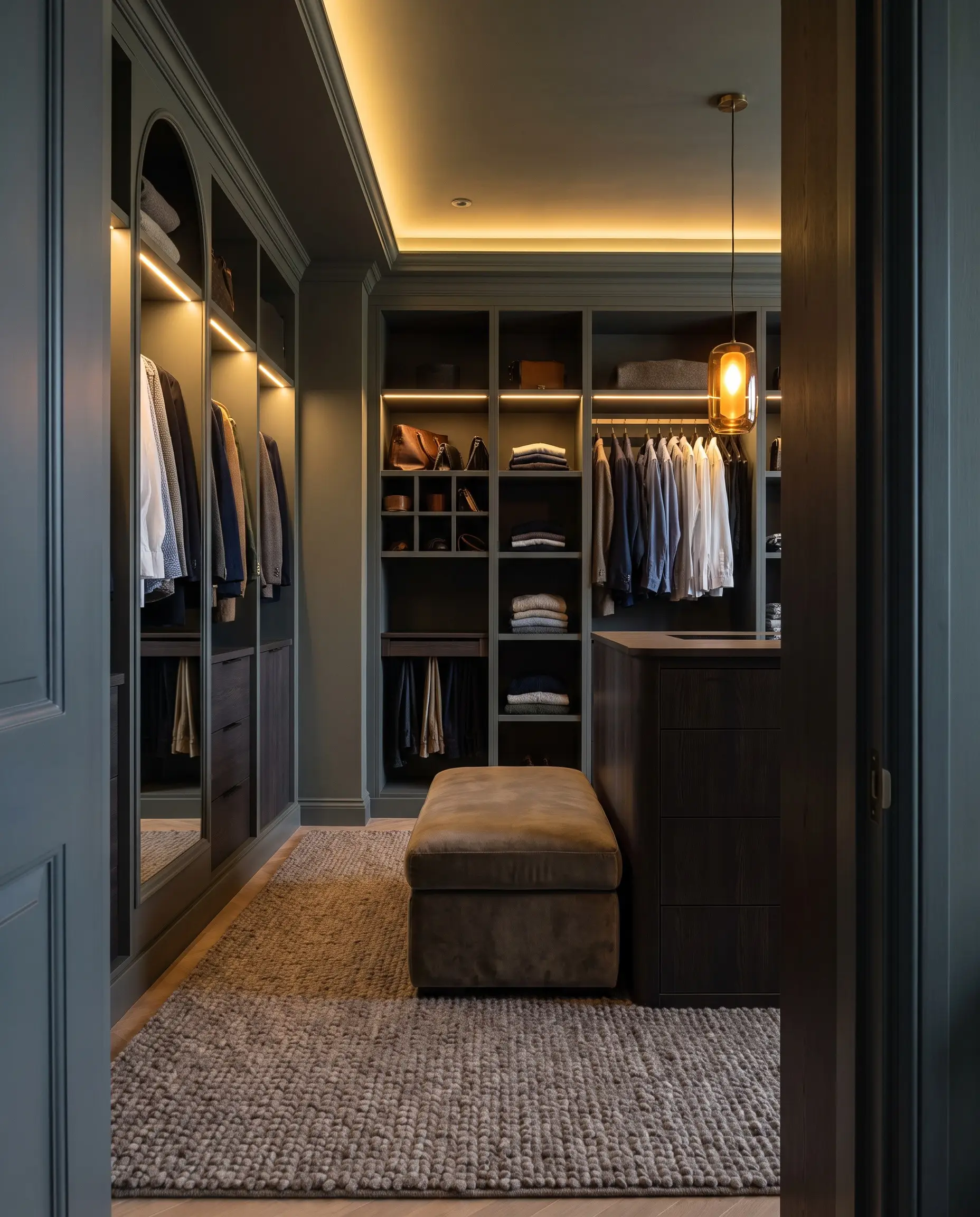 Bespoke dressing room built-ins painted in deep Pewter Green and Kendall Charcoal tones reflect emerging 2027 closet and wardrobe design trends.