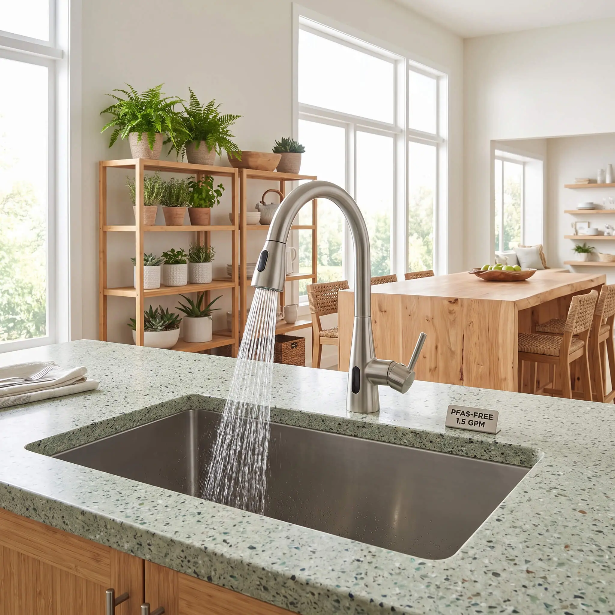 A high-performance touchless sensor faucet crafted with PFAS-free materials mounts onto a recycled glass and concrete composite countertop surrounded by bamboo accents.