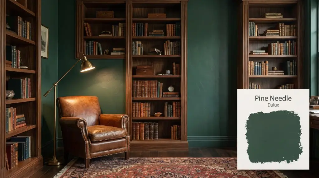 Floor-to-ceiling bookshelves and a vintage leather armchair create a cozy reading nook surrounded by deep Pine Needle (Hex #2A493F) walls.