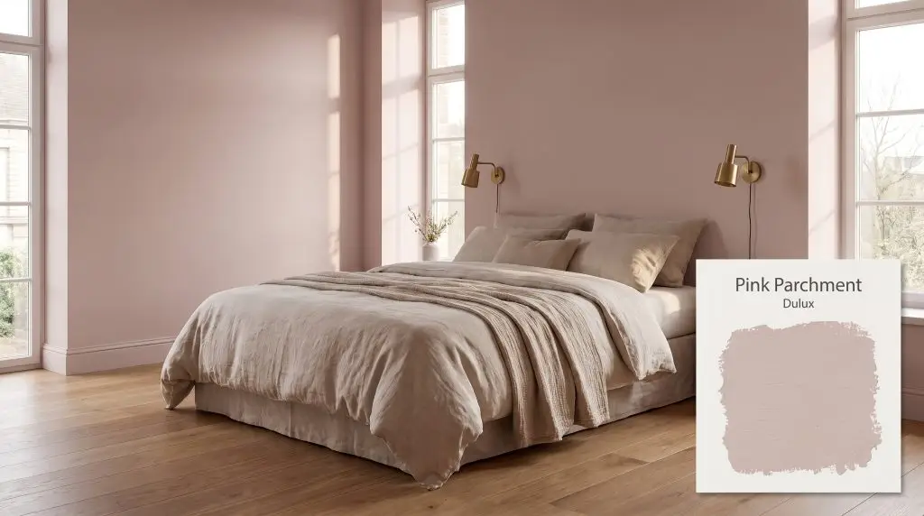 Natural linen bedding and brushed brass wall sconces highlight a minimalist bedroom with dusty pink walls painted in Dulux Pink Parchment (Hex #CBB3AD).