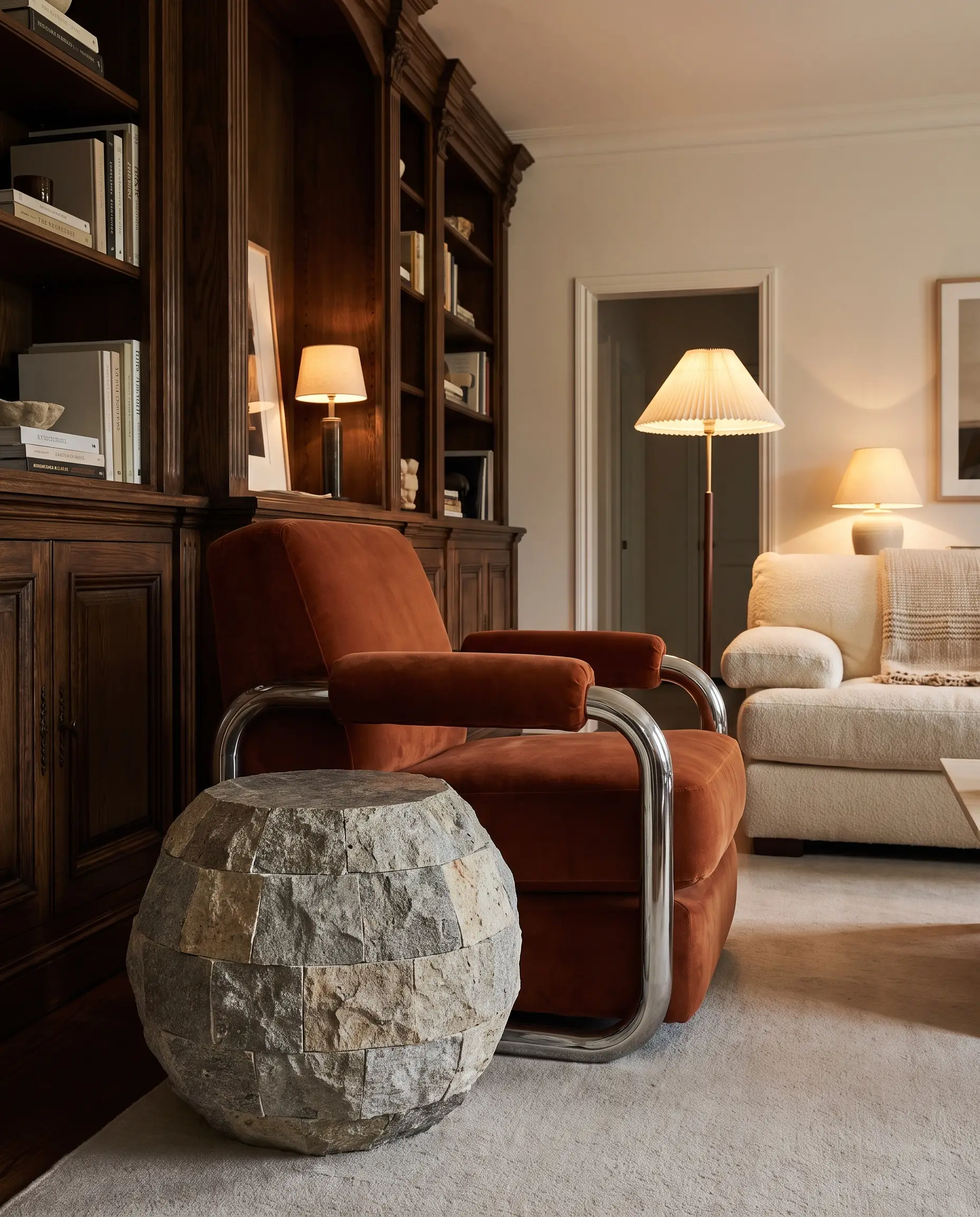 A chunky tubular chrome chair and a spherical geometric stone plinth side table are integrated strategically alongside traditional dark timber built-ins.