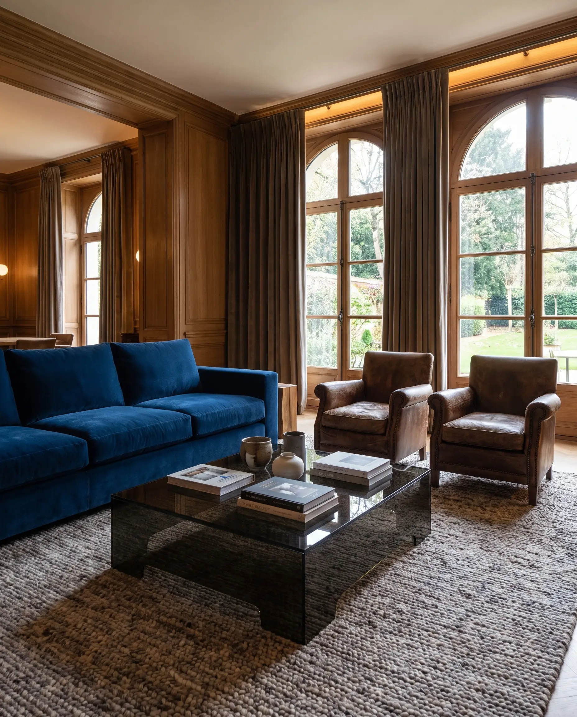 A thick premium mohair sofa and heavy-weight mushroom leather lounge chairs surround a smoked glass coffee table resting on a textured rug.